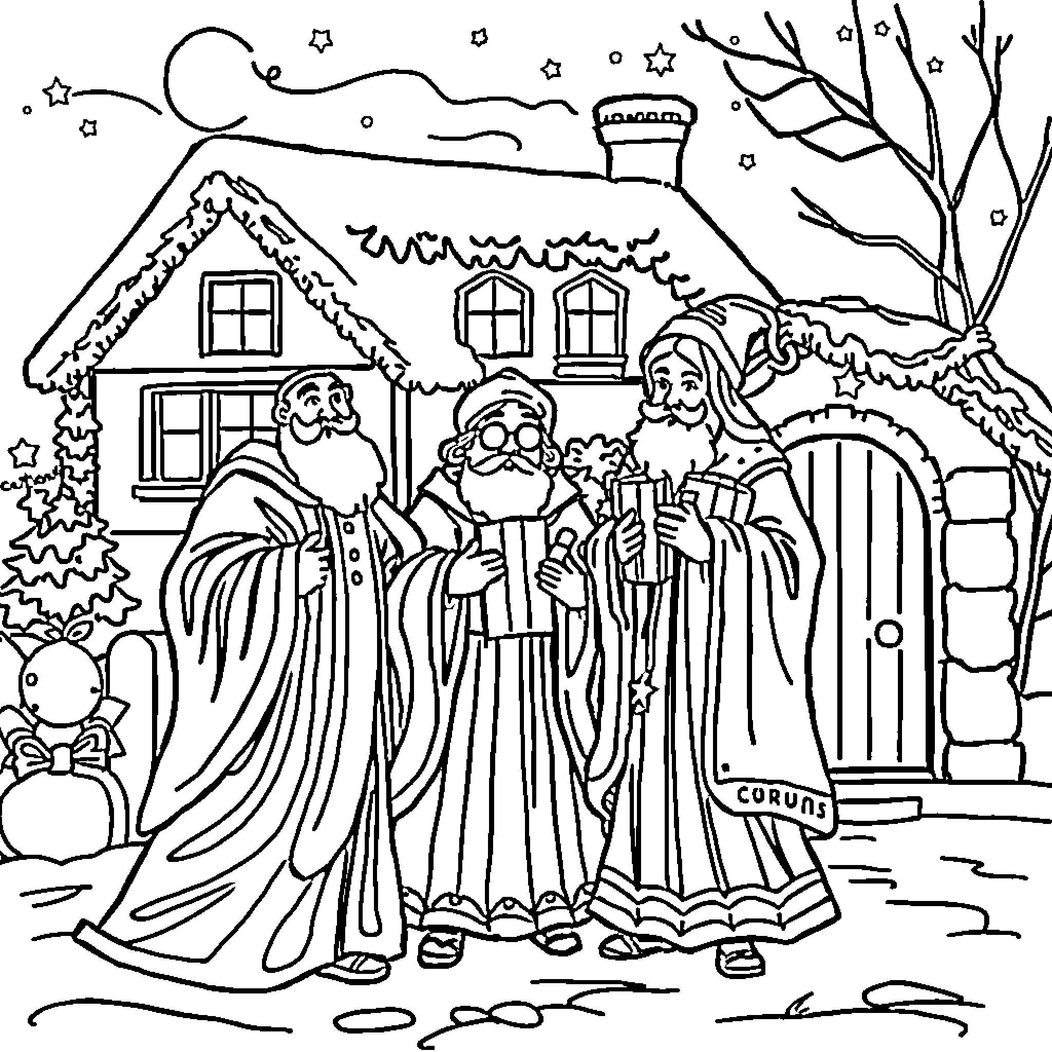 Reyes Magos visiting a snowy winter cottage Coloring Page (free black-and-white line drawing printable PDF for all, from beginners to advanced learners, including children, teens, adults, and seniors)
