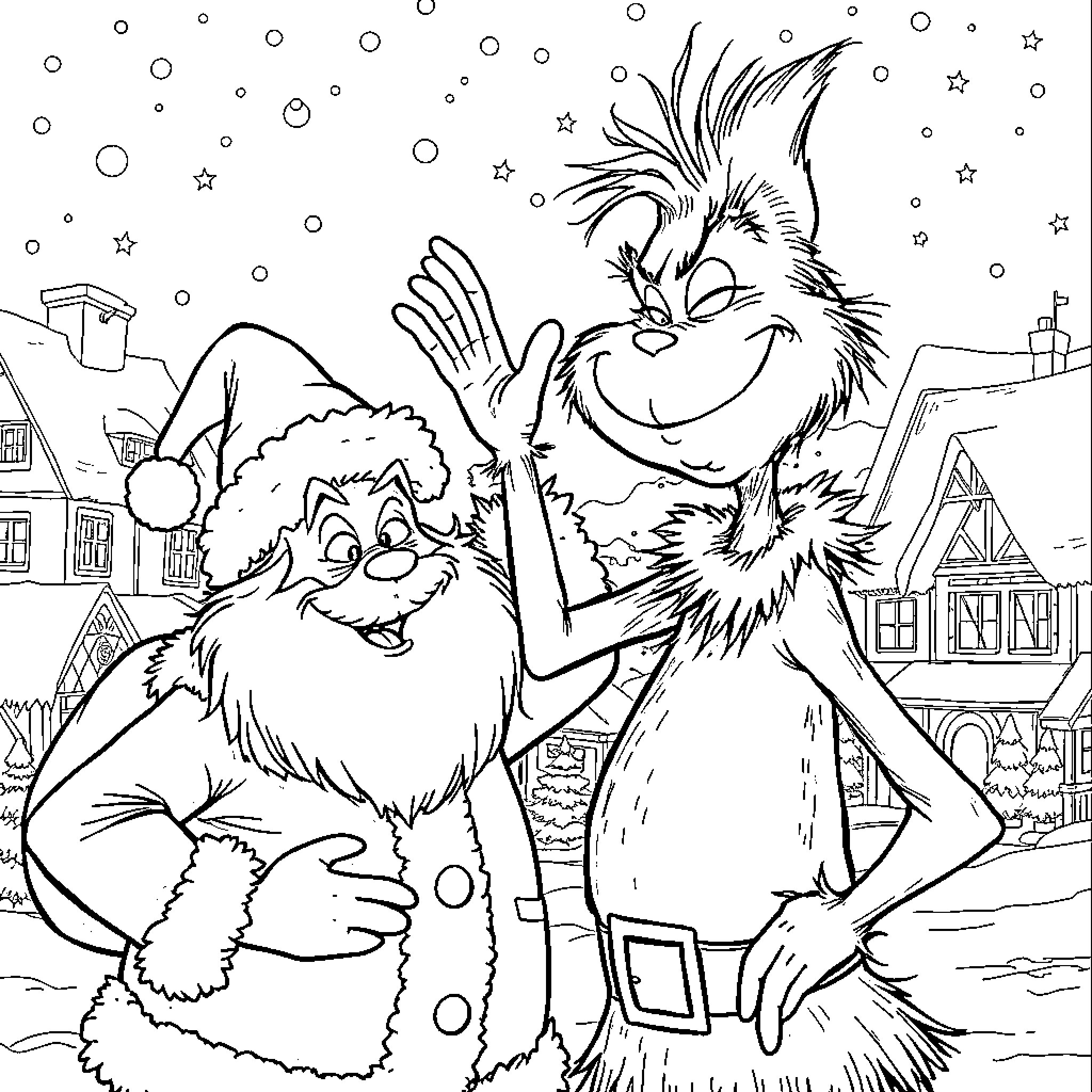 Grinch and friend waving in snowy town Coloring Page (free black-and-white line drawing printable PDF for all, from beginners to advanced learners, including children, teens, adults, and seniors)