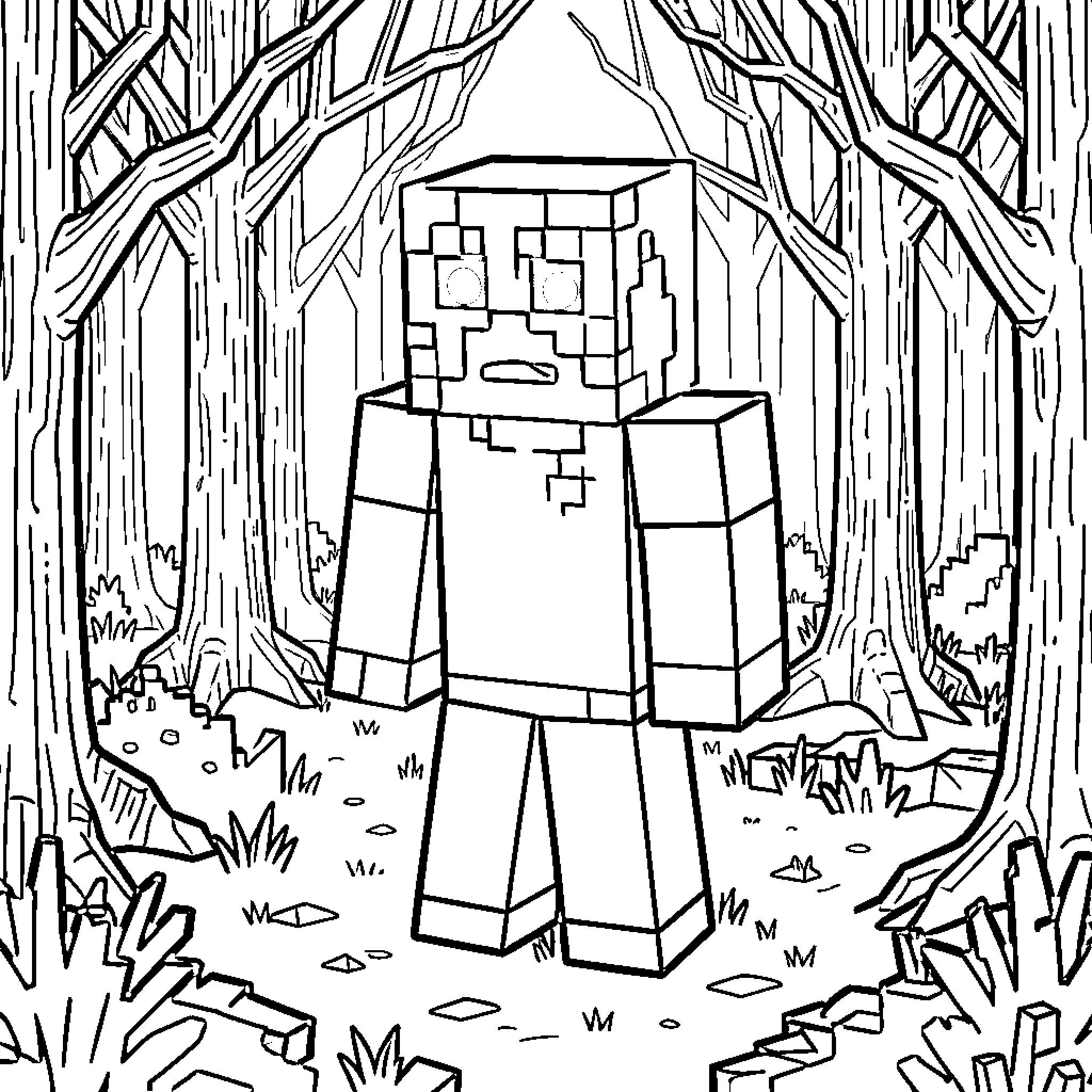 Herobrine standing alone in a dense forest Coloring Page (free black-and-white line drawing printable PDF for all, from beginners to advanced learners, including children, teens, adults, and seniors)