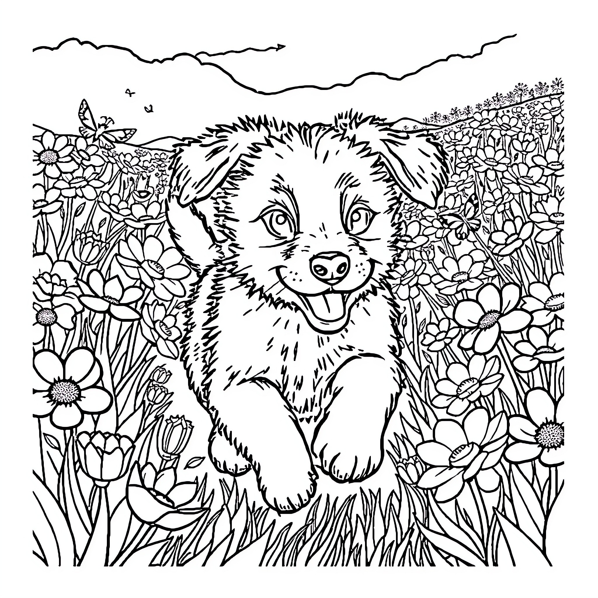 Puppy exploring a floral garden Coloring Page (free black-and-white line drawing printable PDF for all, from beginners to advanced learners, including children, teens, adults, and seniors)