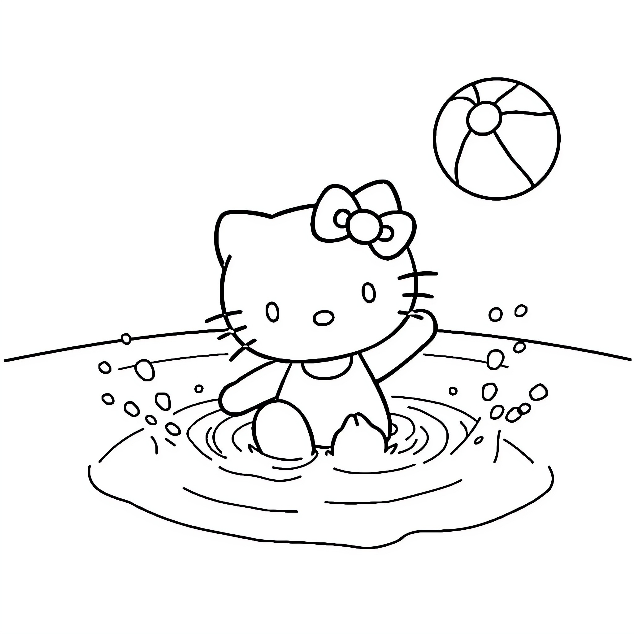 Hello Kitty playing in the water Coloring Page (free black-and-white line drawing printable PDF for all, from beginners to advanced learners, including children, teens, adults, and seniors)