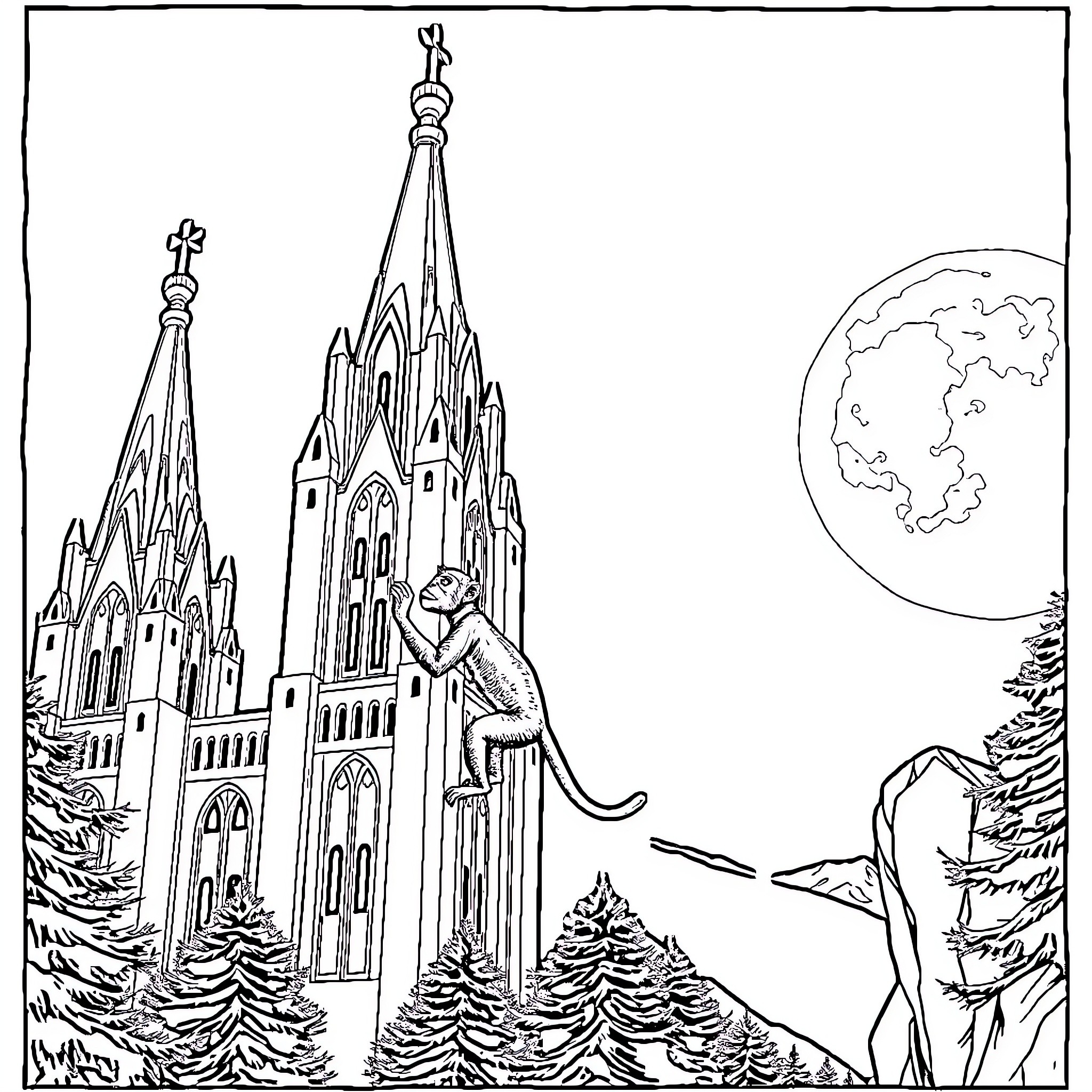 Monkey climbing on a medieval cathedral in a snowy landscape Coloring Page (free black-and-white line drawing printable PDF for all, from beginners to advanced learners, including children, teens, adults, and seniors)
