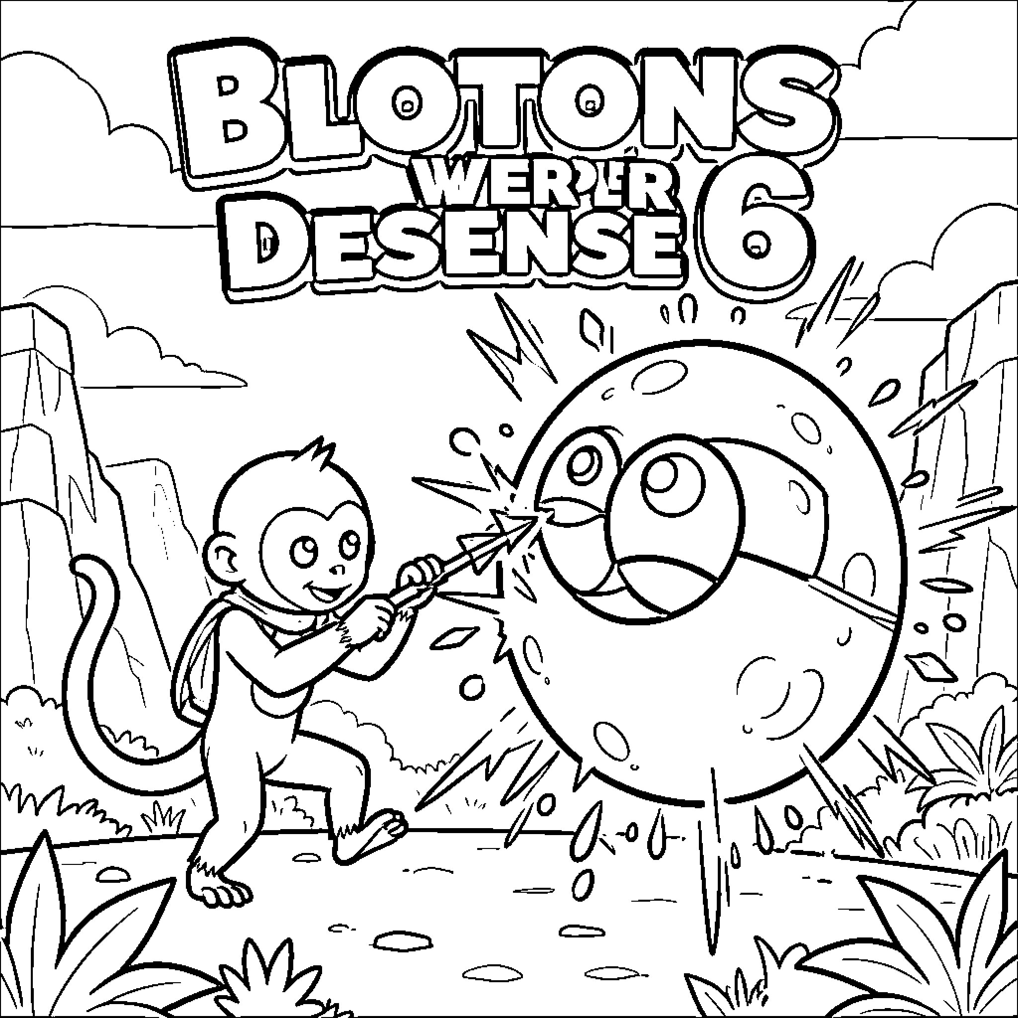 Dart Monkey throwing a dart at a large creature Coloring Page (free black-and-white line drawing printable PDF for all, from beginners to advanced learners, including children, teens, adults, and seniors)