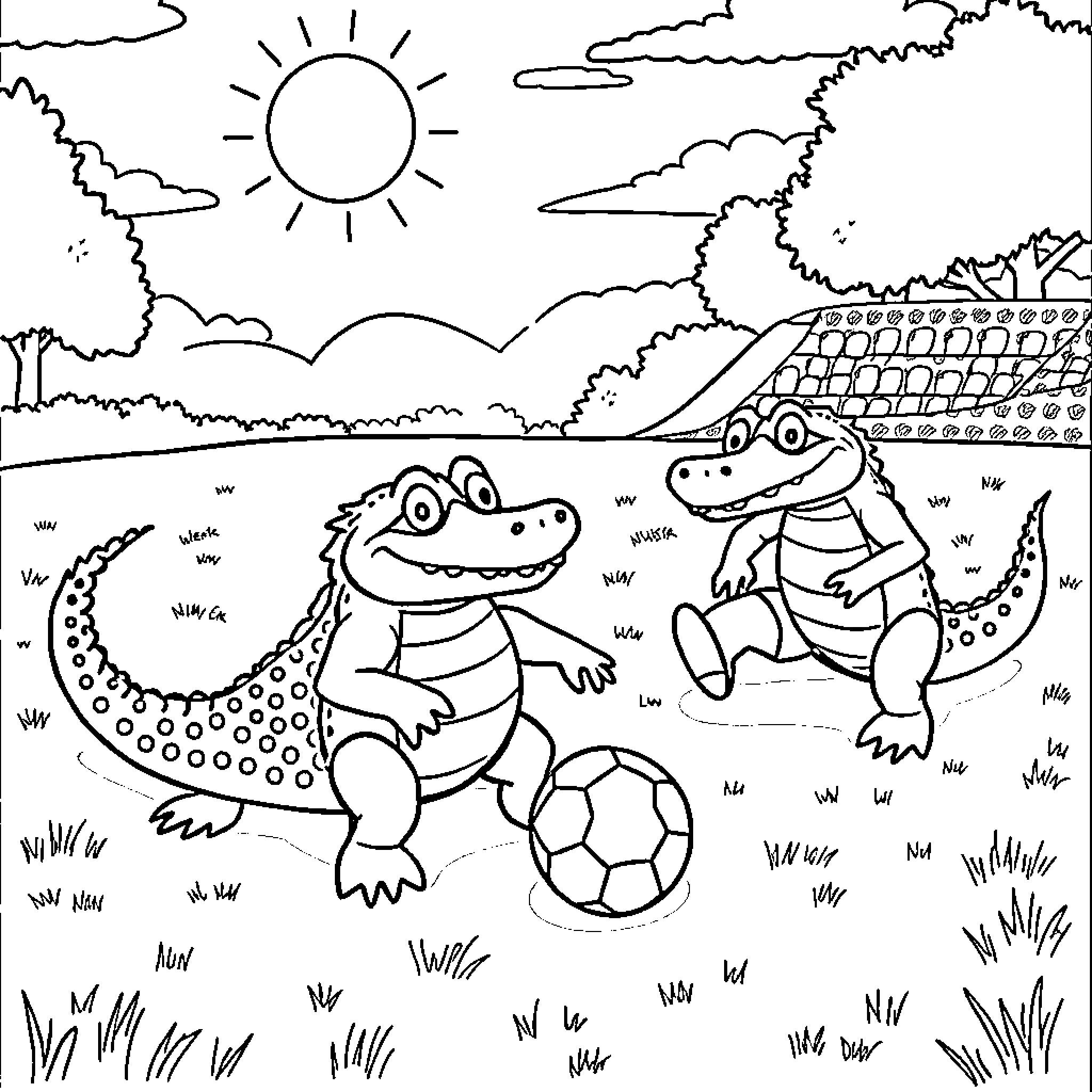 Soccerdile Playing with Friends in the Sunny Outdoors Coloring Page (free black-and-white line drawing printable PDF for all, from beginners to advanced learners, including children, teens, adults, and seniors)