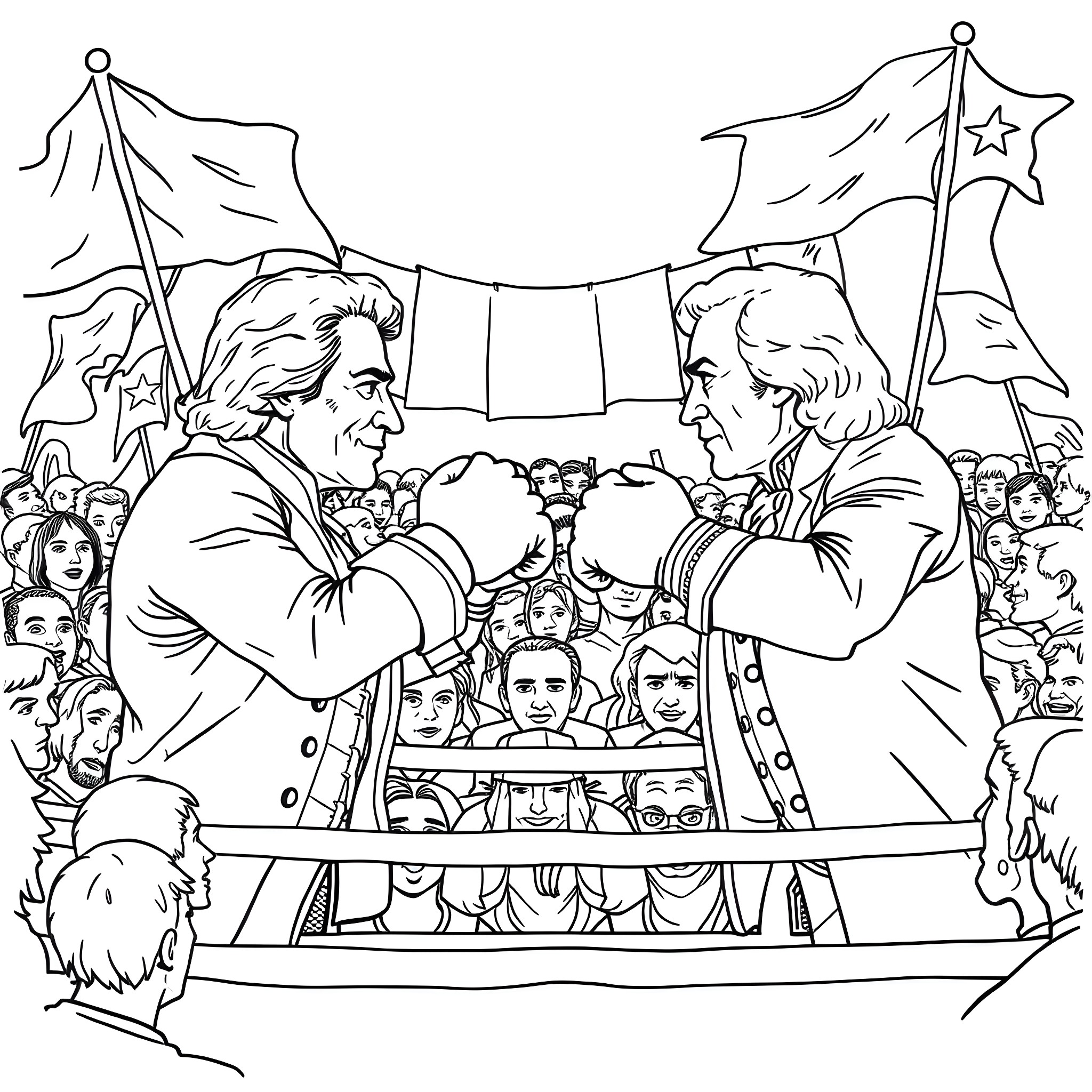 Thomas Jefferson and John Adams shaking hands on stage Coloring Page (free black-and-white line drawing printable PDF for all, from beginners to advanced learners, including children, teens, adults, and seniors)