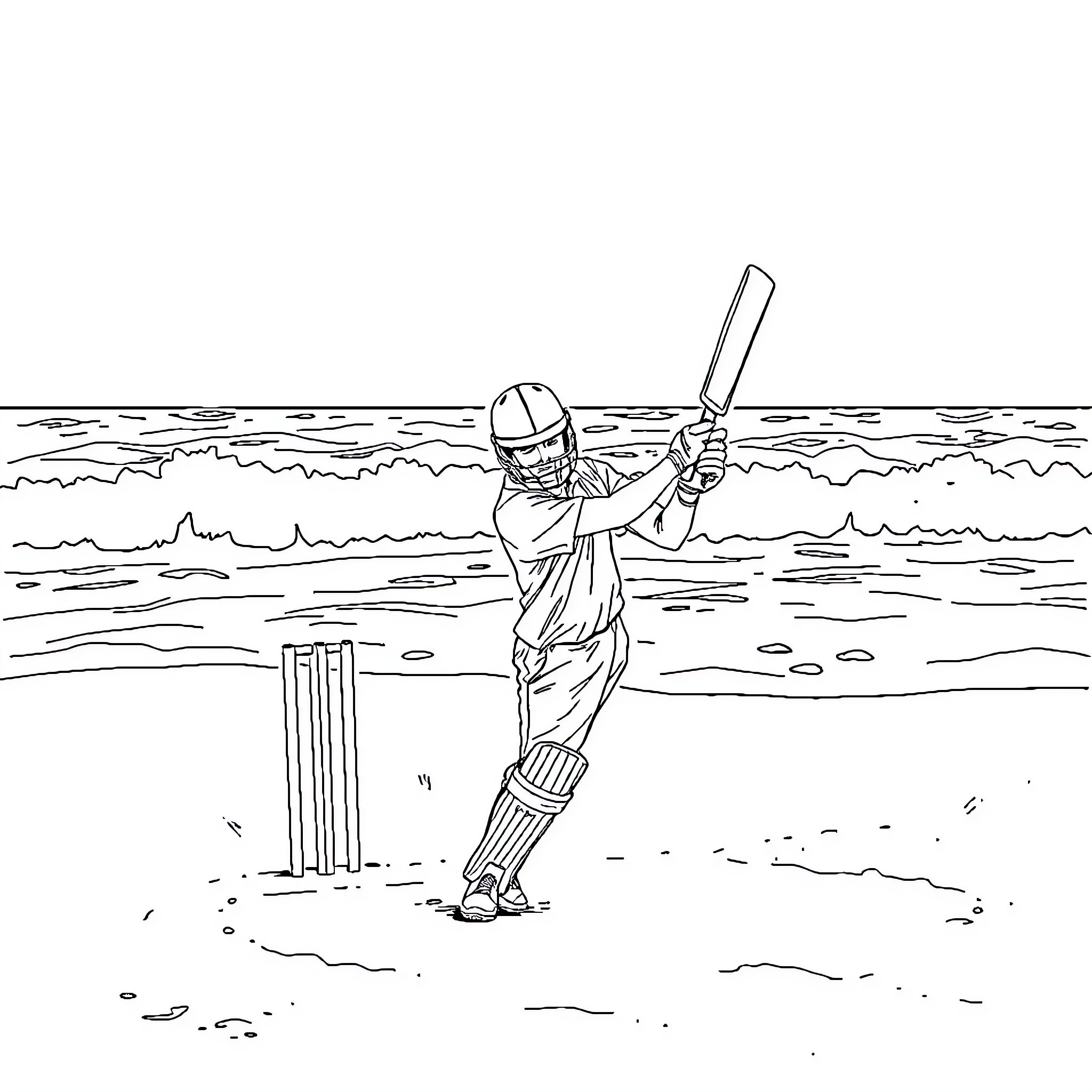 Cricket Player Batting in the Waves Coloring Page (free black-and-white line drawing printable PDF for all, from beginners to advanced learners, including children, teens, adults, and seniors)