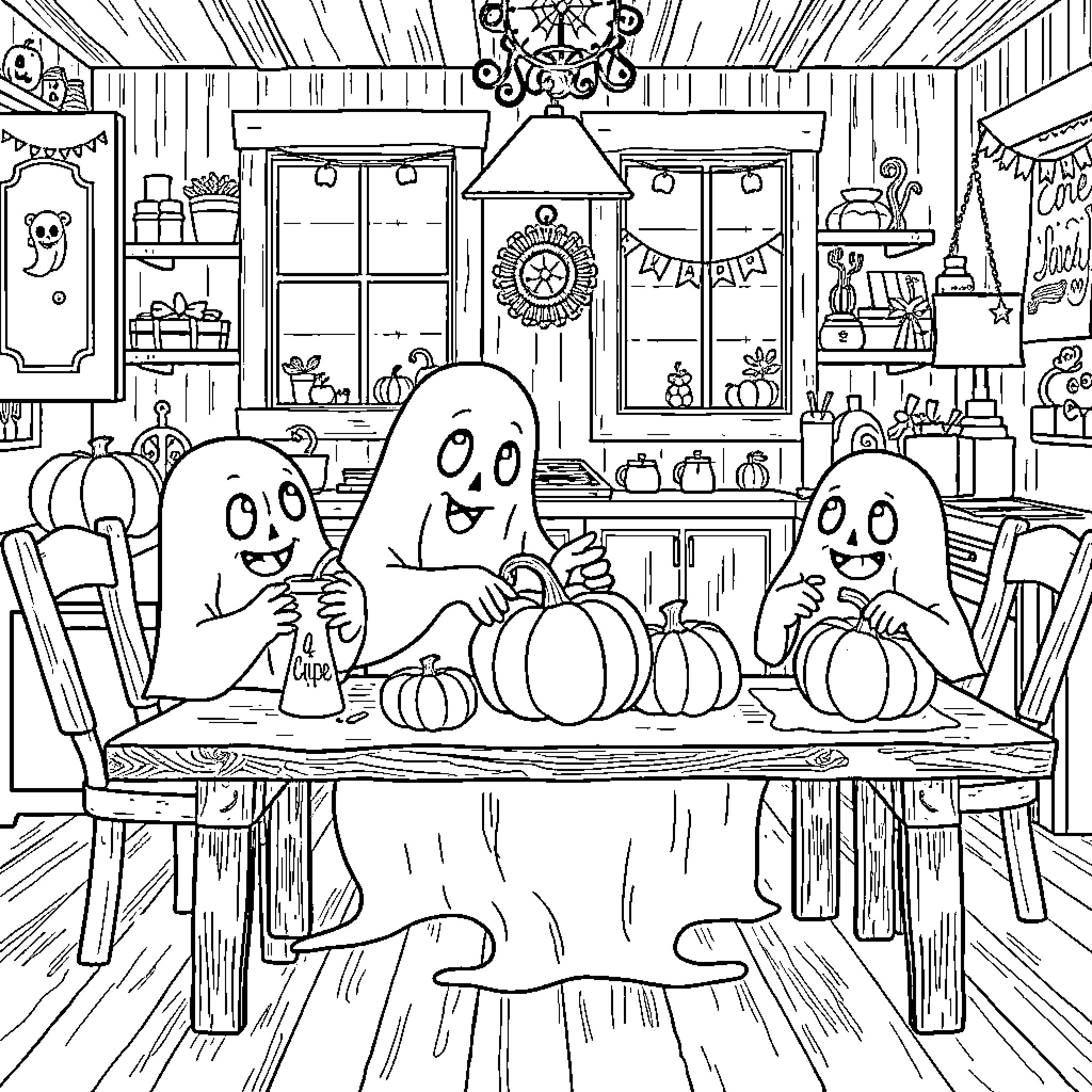 Ghost Ghosts Celebrating Halloween in Cozy Home Coloring Page (free black-and-white line drawing printable PDF for all, from beginners to advanced learners, including children, teens, adults, and seniors)