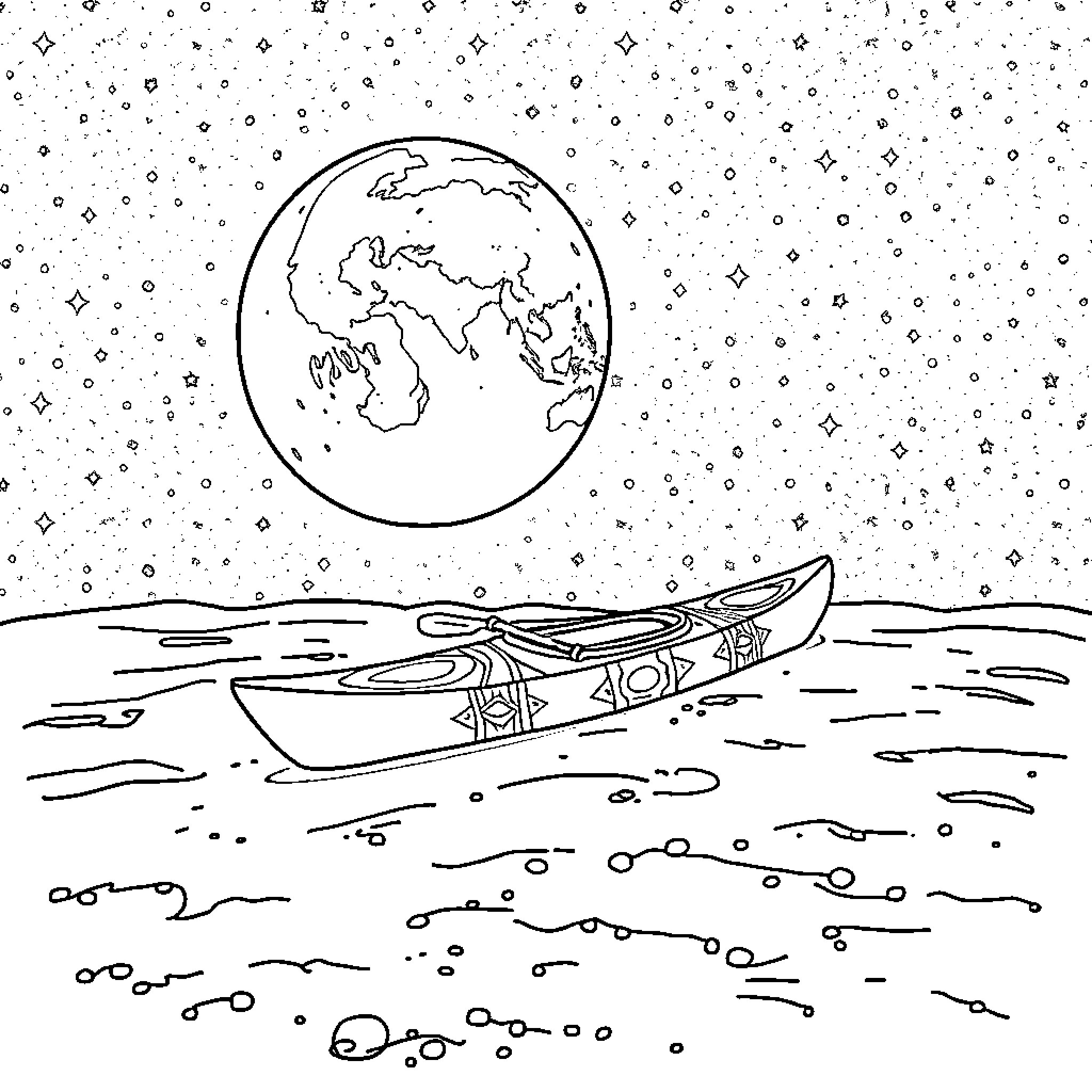 Kayak floating on serene waters under starry night sky Coloring Page (free black-and-white line drawing printable PDF for all, from beginners to advanced learners, including children, teens, adults, and seniors)