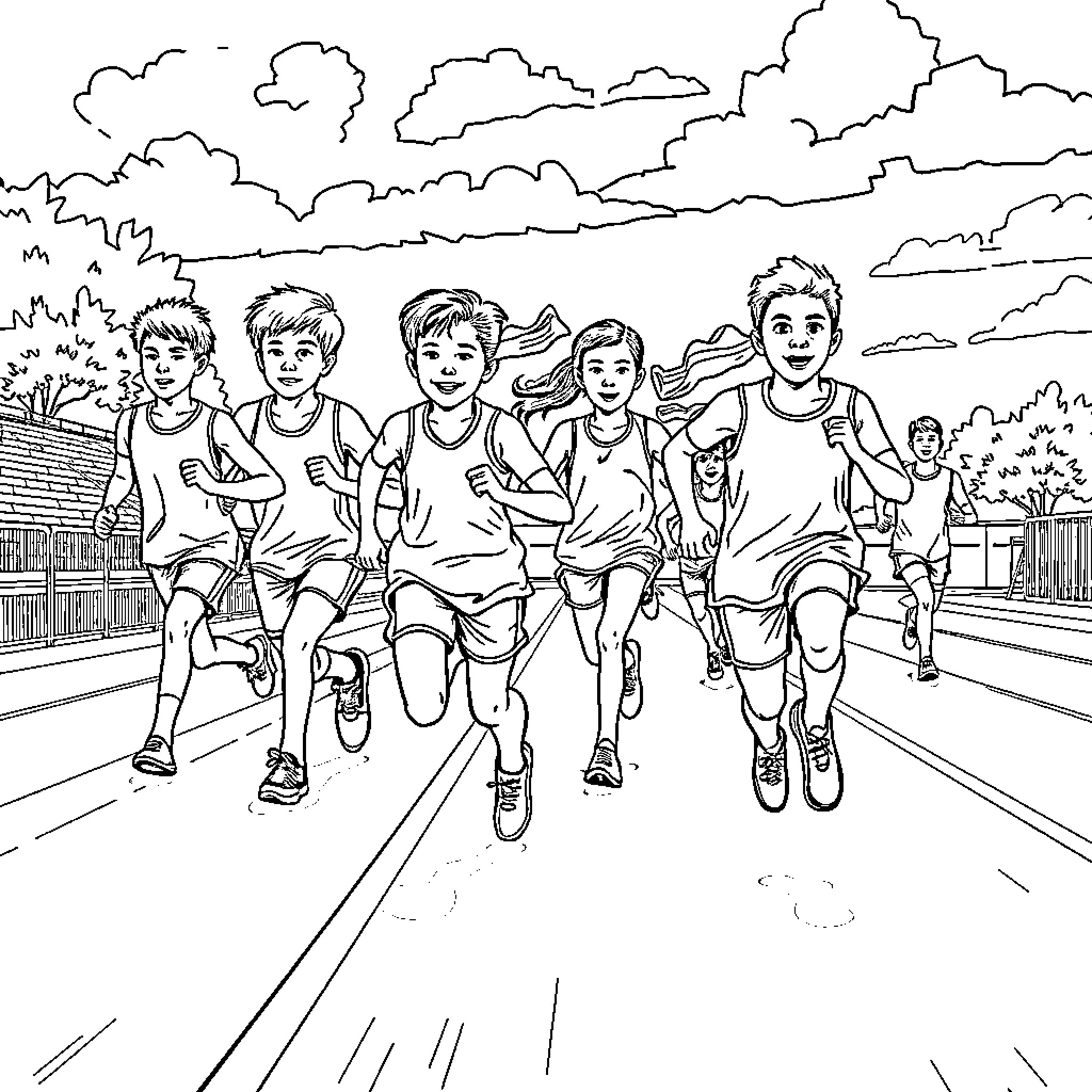 Athletes racing on a city street Coloring Page (free black-and-white line drawing printable PDF for all, from beginners to advanced learners, including children, teens, adults, and seniors)