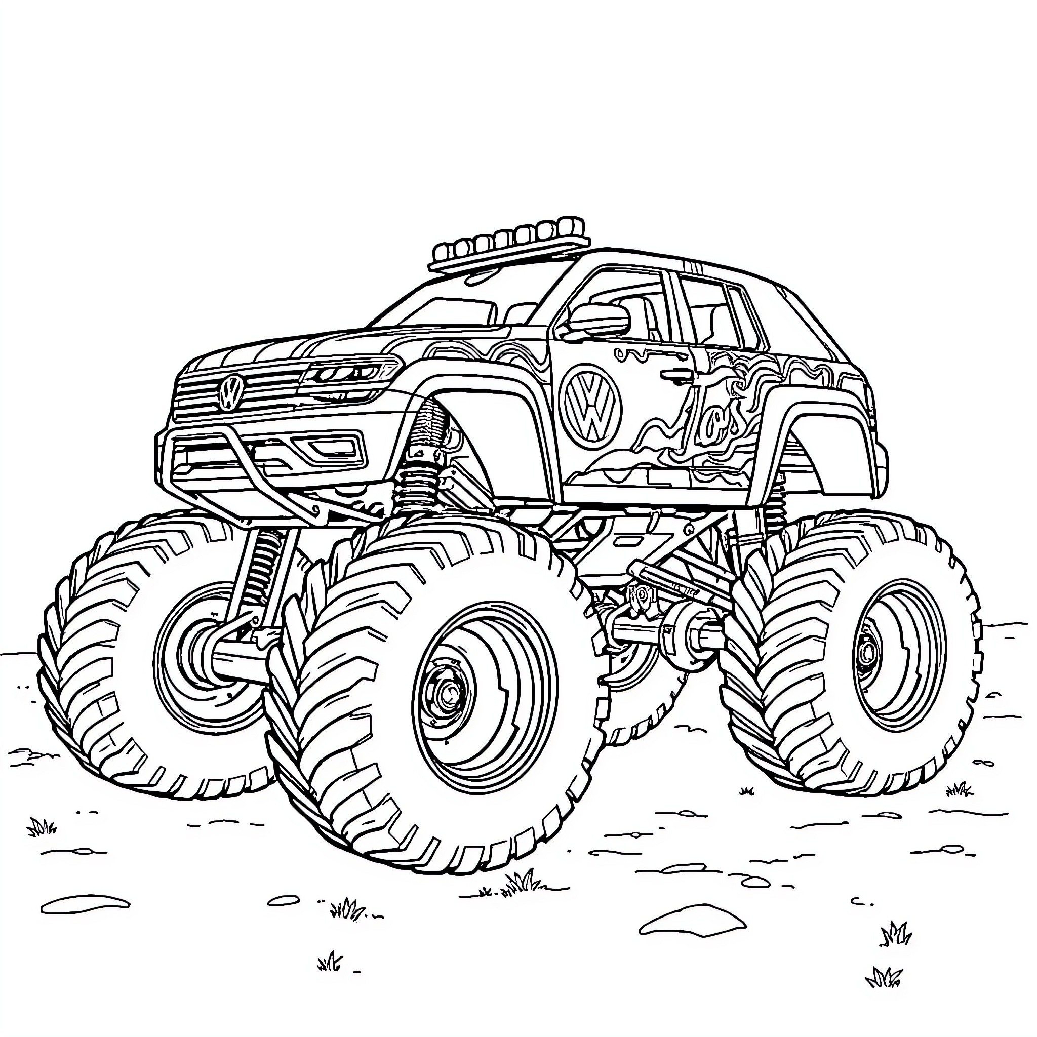 Volkswagen Taos Monster Truck Traversing Rugged Terrain Coloring Page (free black-and-white line drawing printable PDF for all, from beginners to advanced learners, including children, teens, adults, and seniors)