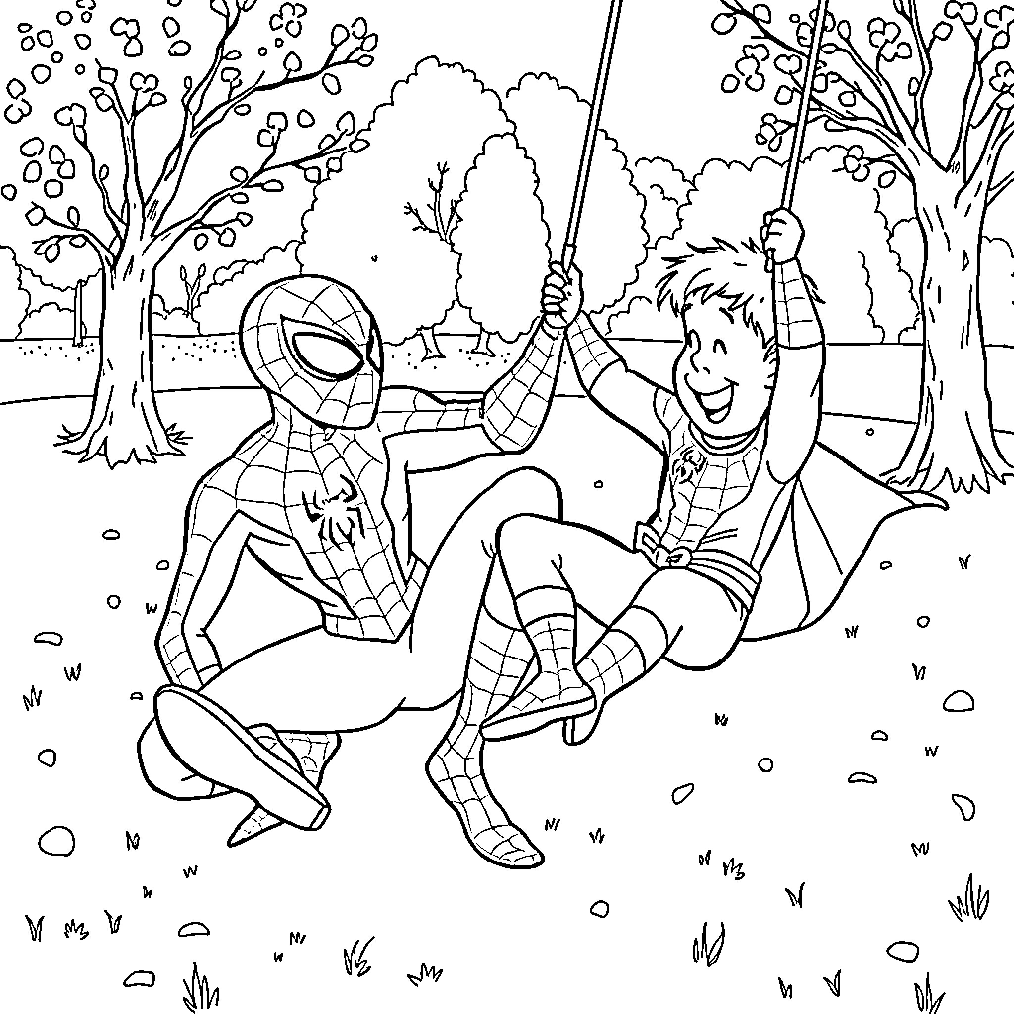 Spider-Man playing with a friend in the park Coloring Page (free black-and-white line drawing printable PDF for all, from beginners to advanced learners, including children, teens, adults, and seniors)