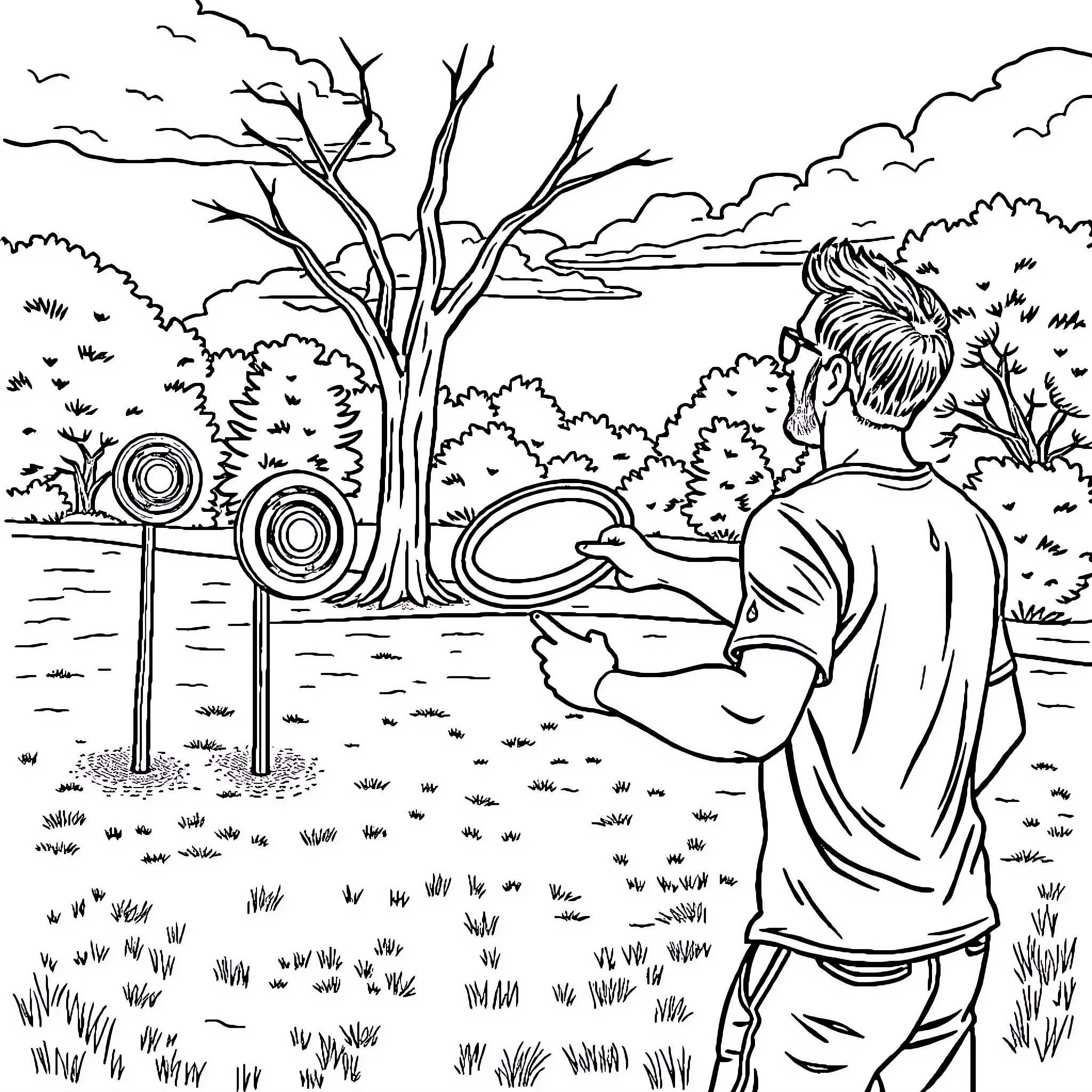 Husband admiring the scenic landscape Coloring Page (free black-and-white line drawing printable PDF for all, from beginners to advanced learners, including children, teens, adults, and seniors)