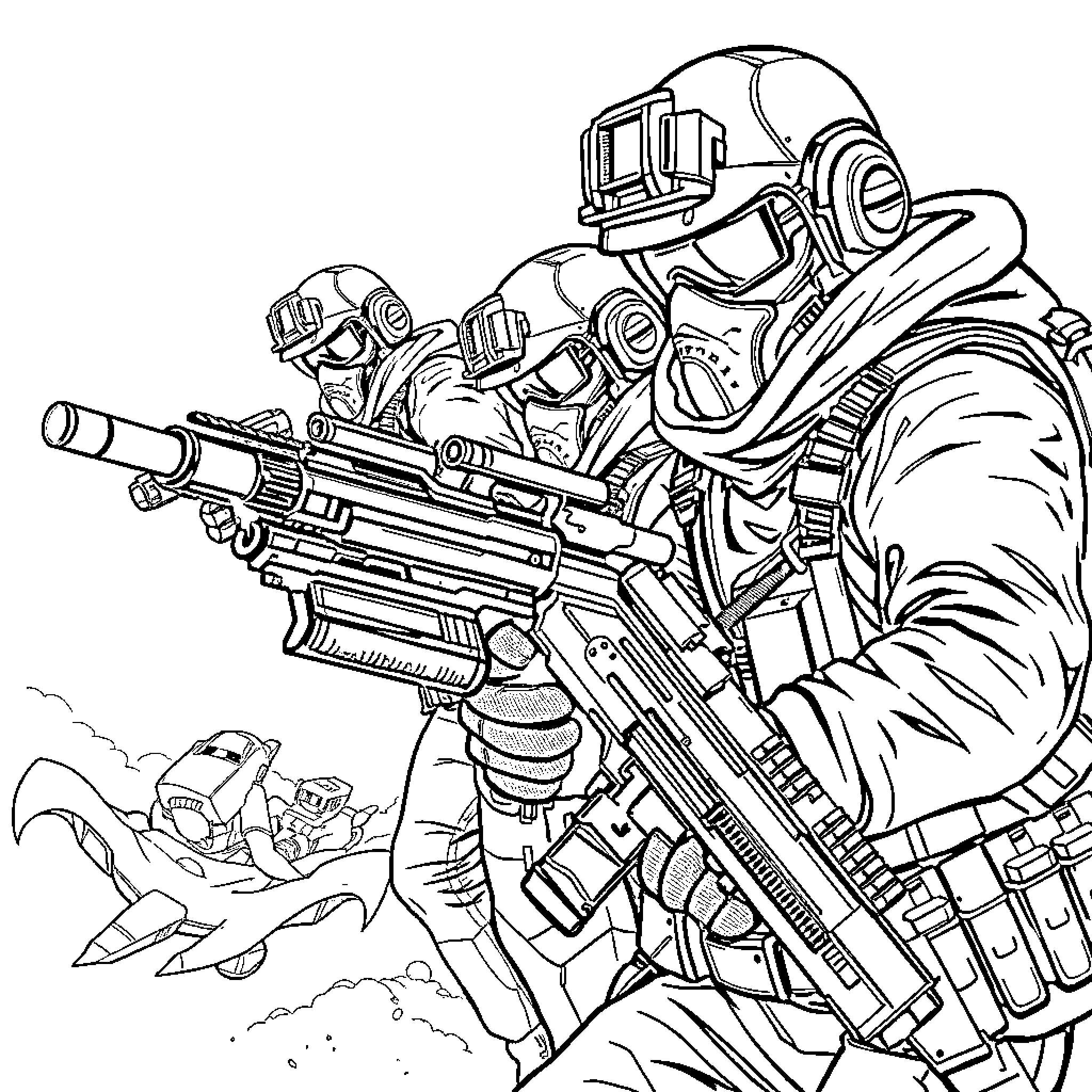Metal Gear Solid: Stealth Operatives in Combat Gear Coloring Page (free black-and-white line drawing printable PDF for all, from beginners to advanced learners, including children, teens, adults, and seniors)