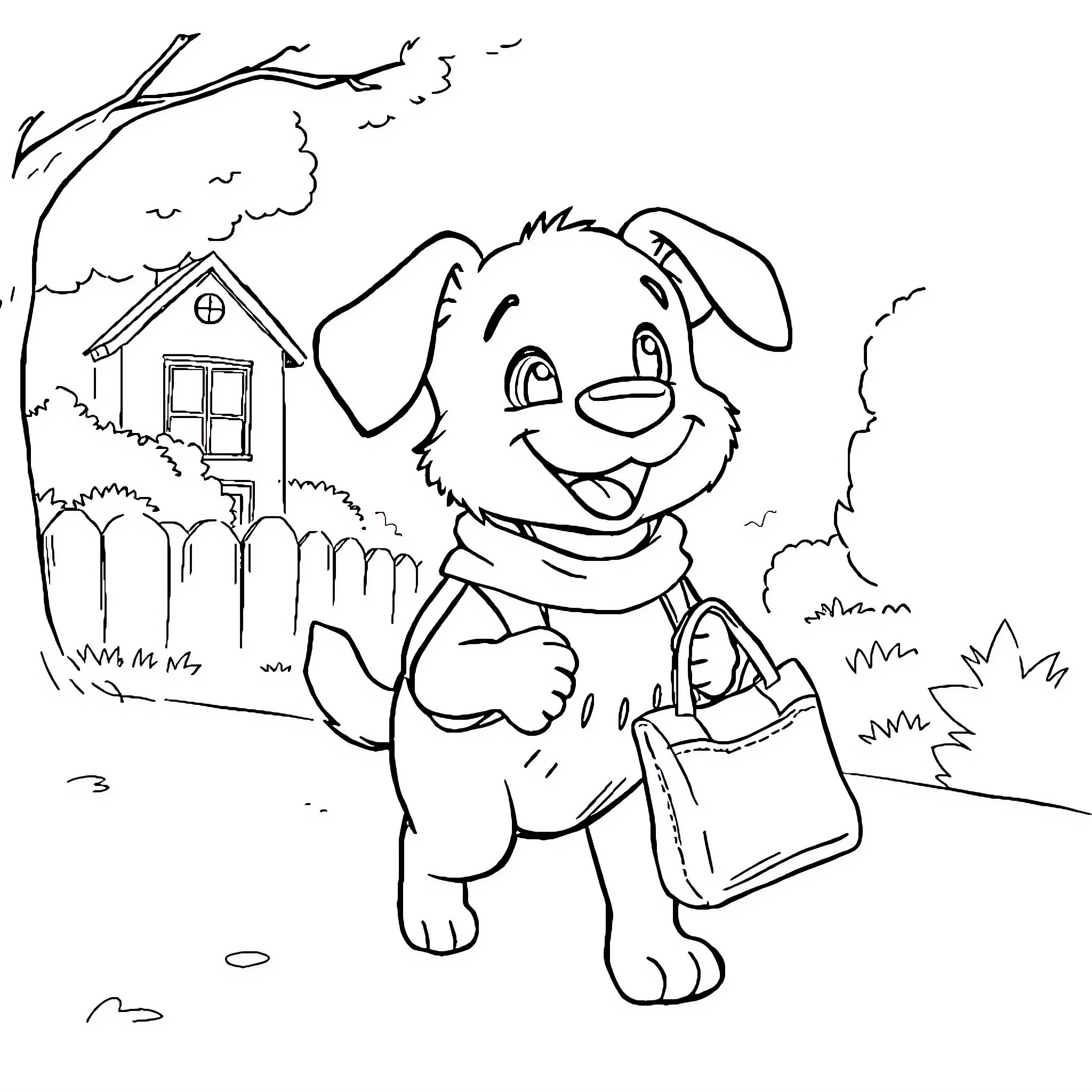 Bluey excitedly carrying a bag on a neighborhood walk Coloring Page (free black-and-white line drawing printable PDF for all, from beginners to advanced learners, including children, teens, adults, and seniors)
