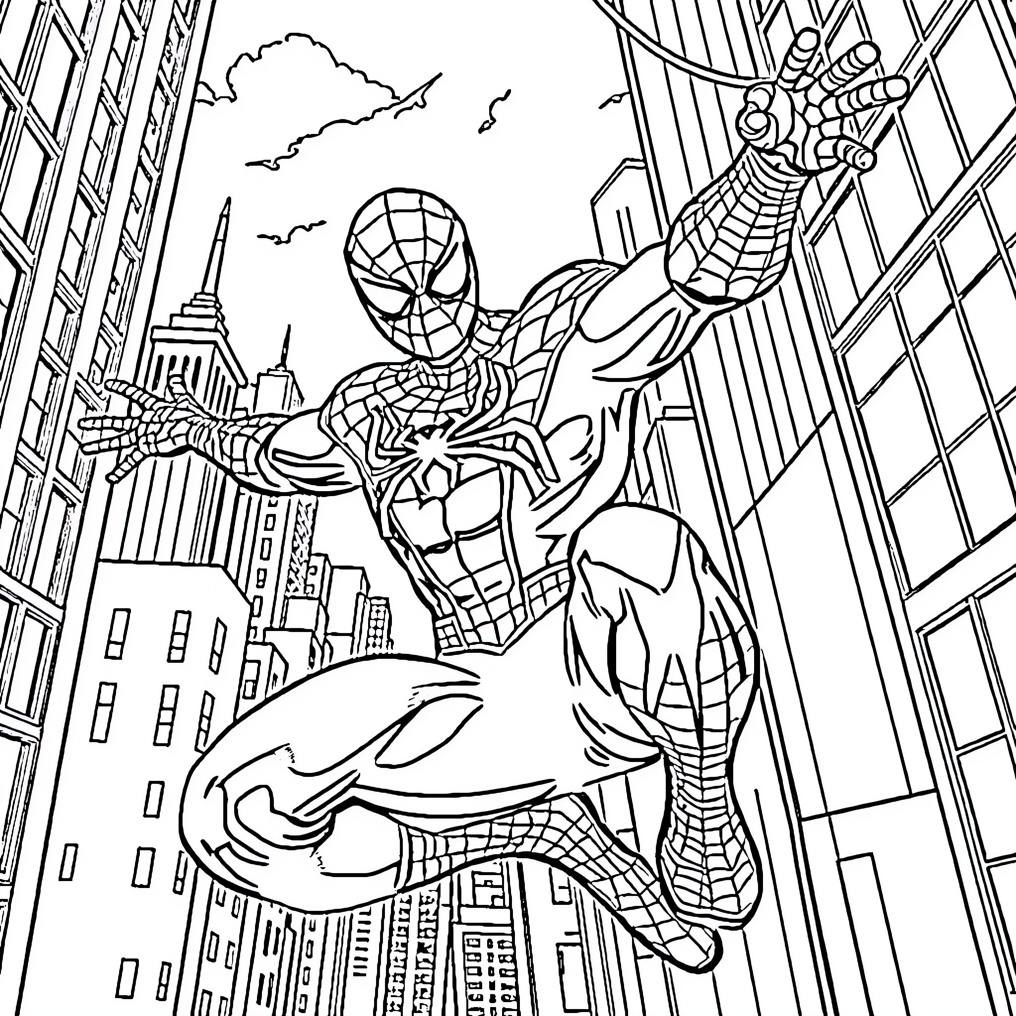 Spiderman swinging through the city skyline Coloring Page (free black-and-white line drawing printable PDF for all, from beginners to advanced learners, including children, teens, adults, and seniors)