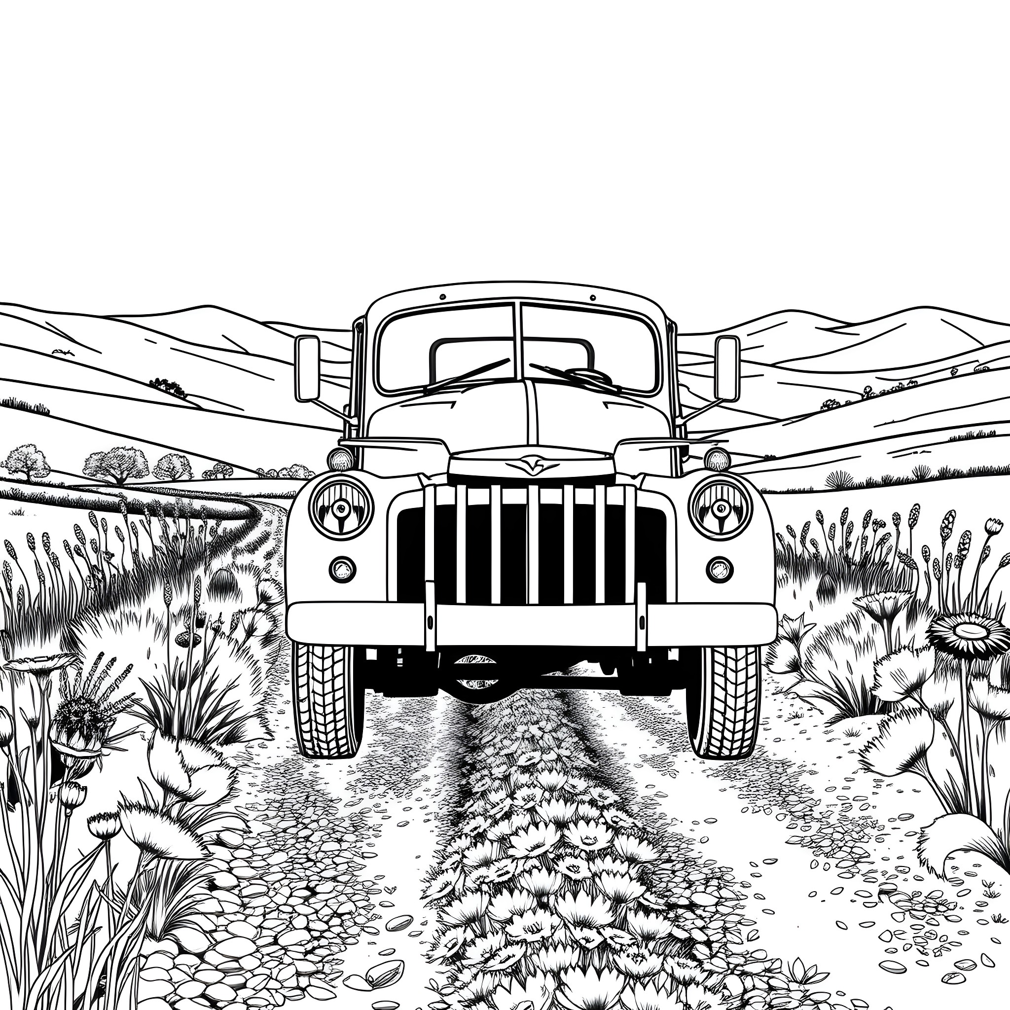 Truck navigating through a rugged landscape Coloring Page (free black-and-white line drawing printable PDF for all, from beginners to advanced learners, including children, teens, adults, and seniors)
