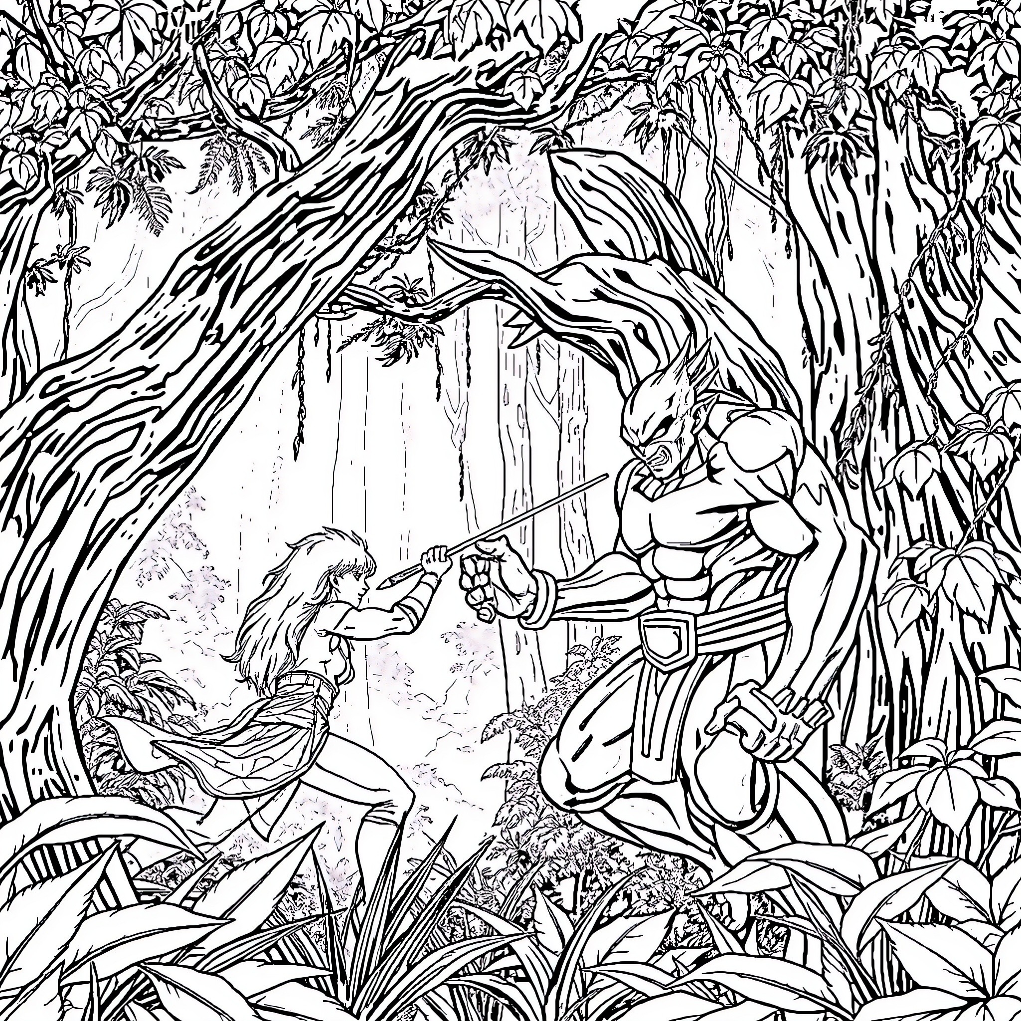 Sangokou: Fierce Battle in the Jungle Coloring Page (free black-and-white line drawing printable PDF for all, from beginners to advanced learners, including children, teens, adults, and seniors)