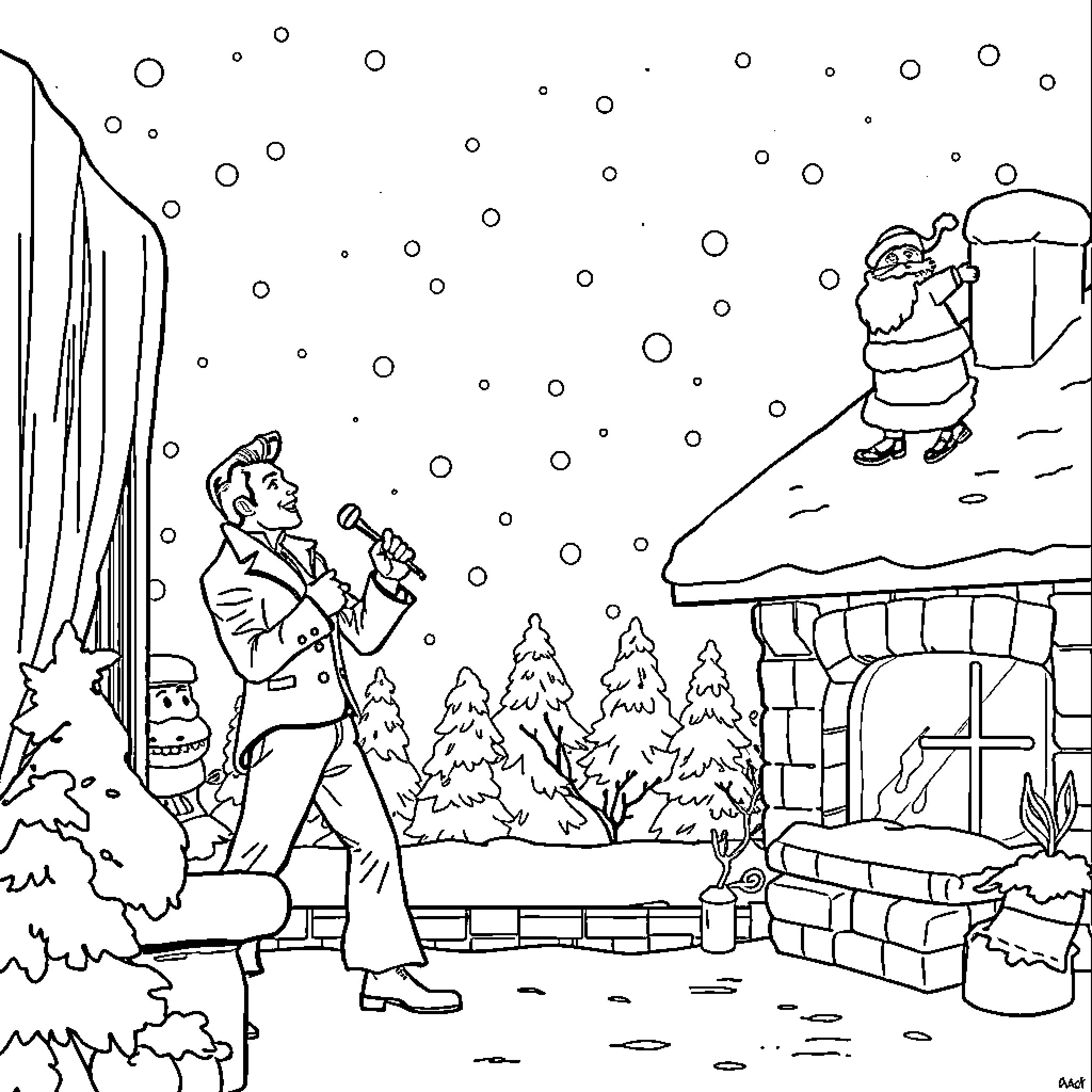 Elvis sings by the fireplace on a snowy night Coloring Page (free black-and-white line drawing printable PDF for all, from beginners to advanced learners, including children, teens, adults, and seniors)