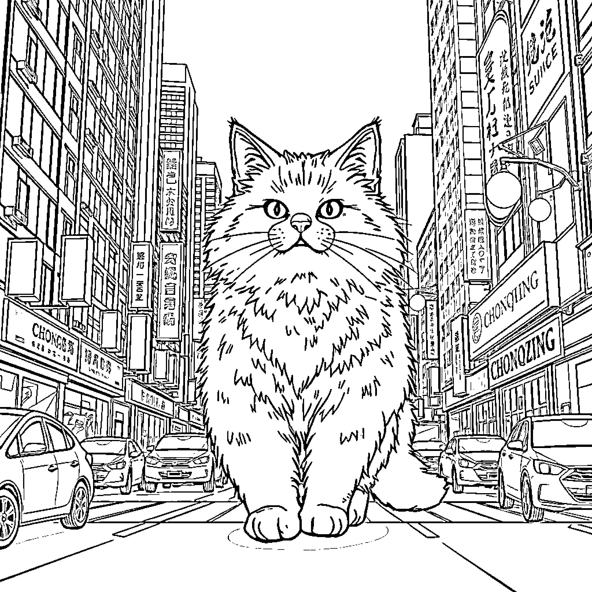 Cat exploring the bustling city streets Coloring Page (free black-and-white line drawing printable PDF for all, from beginners to advanced learners, including children, teens, adults, and seniors)