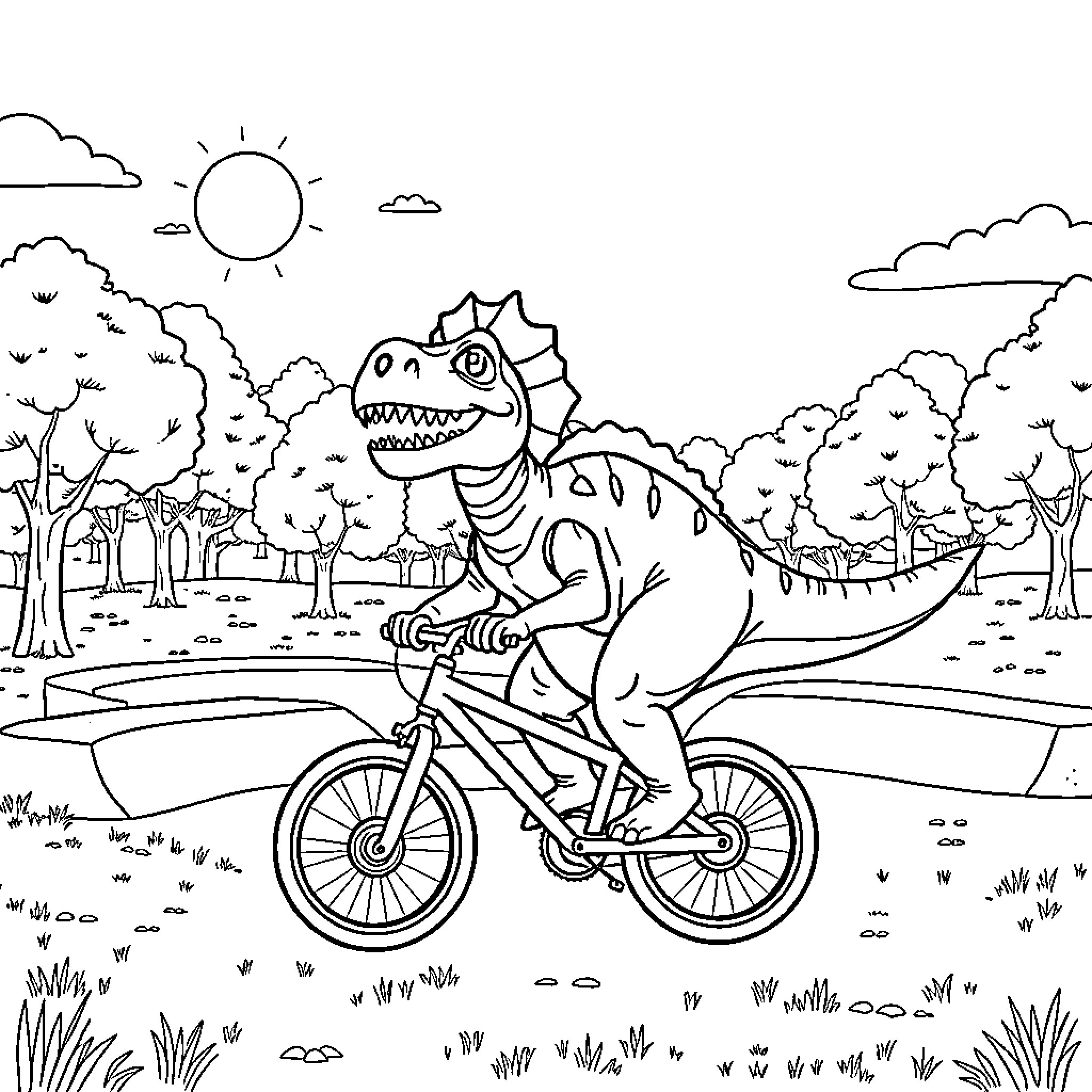 Triceratops riding a bicycle in a scenic landscape Coloring Page (free black-and-white line drawing printable PDF for all, from beginners to advanced learners, including children, teens, adults, and seniors)