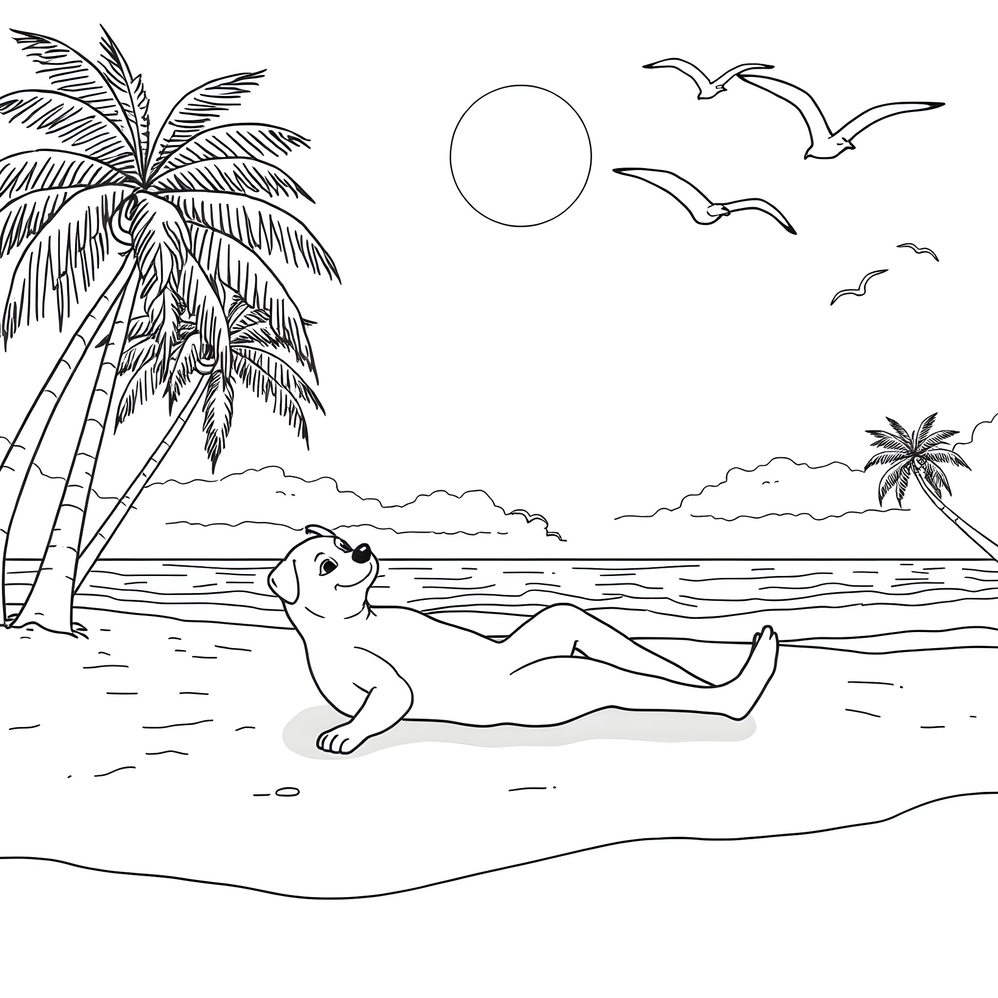 Blitzo relaxing on the beach under palm trees Coloring Page (free black-and-white line drawing printable PDF for all, from beginners to advanced learners, including children, teens, adults, and seniors)