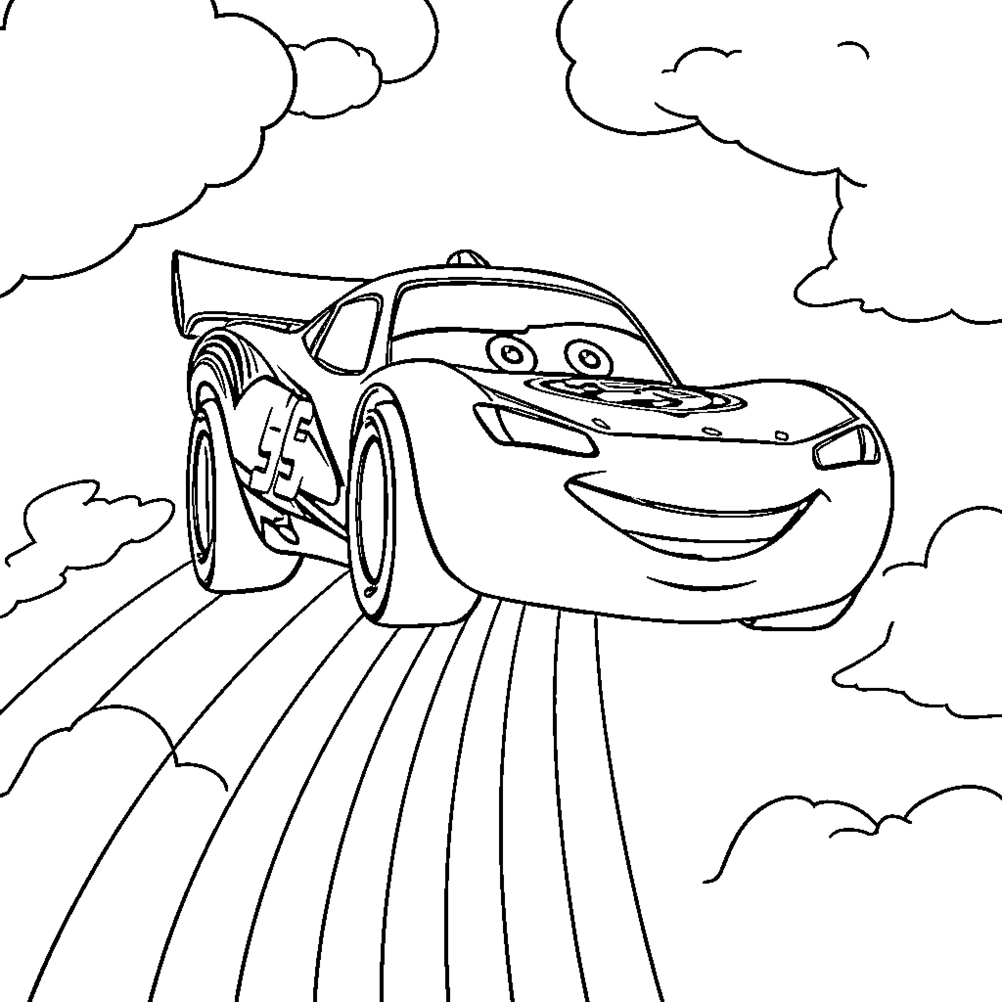 Lightning McQueen Racing Through the Clouds Coloring Page (free black-and-white line drawing printable PDF for all, from beginners to advanced learners, including children, teens, adults, and seniors)