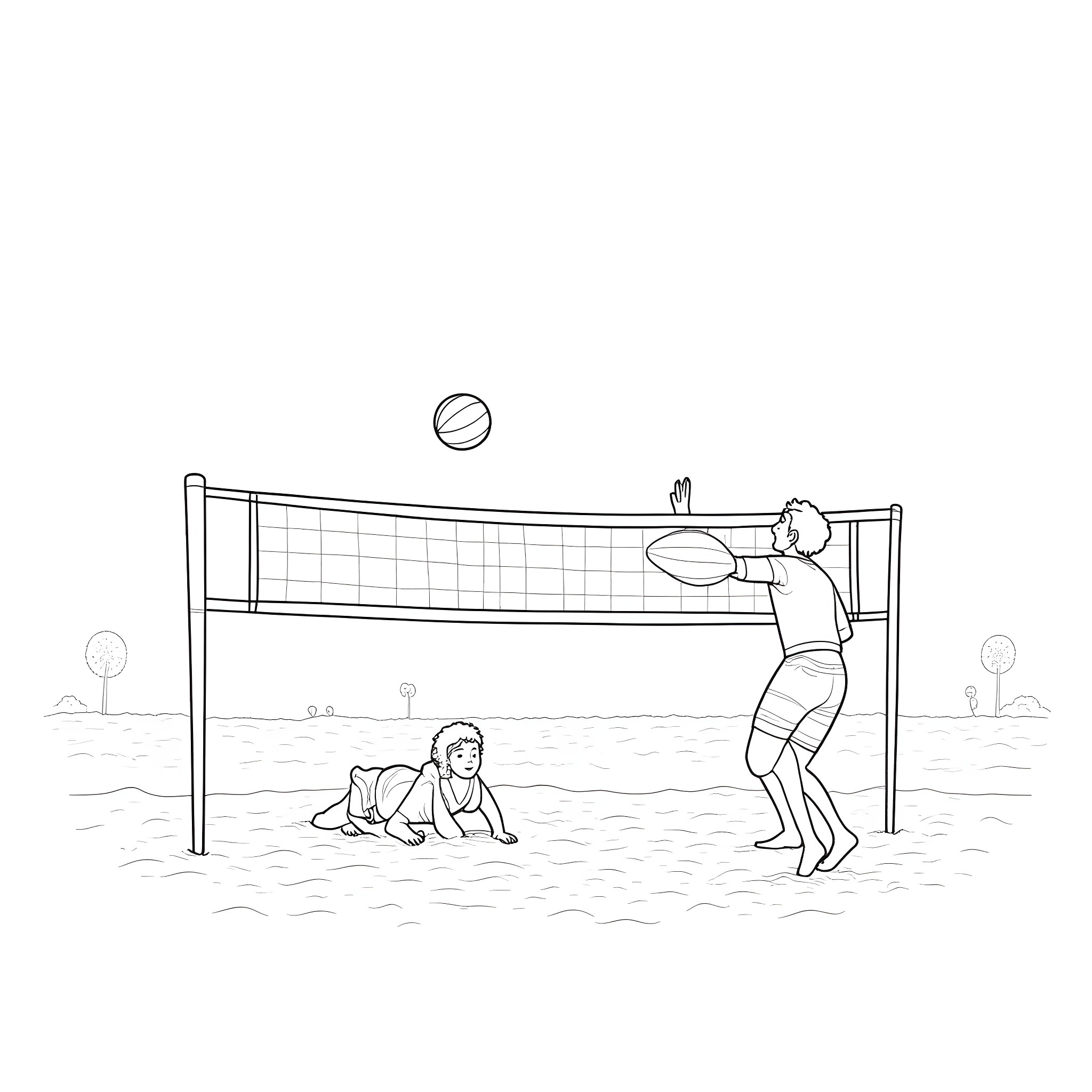 Ben Shapiro playing volleyball at the beach Coloring Page (free black-and-white line drawing printable PDF for all, from beginners to advanced learners, including children, teens, adults, and seniors)