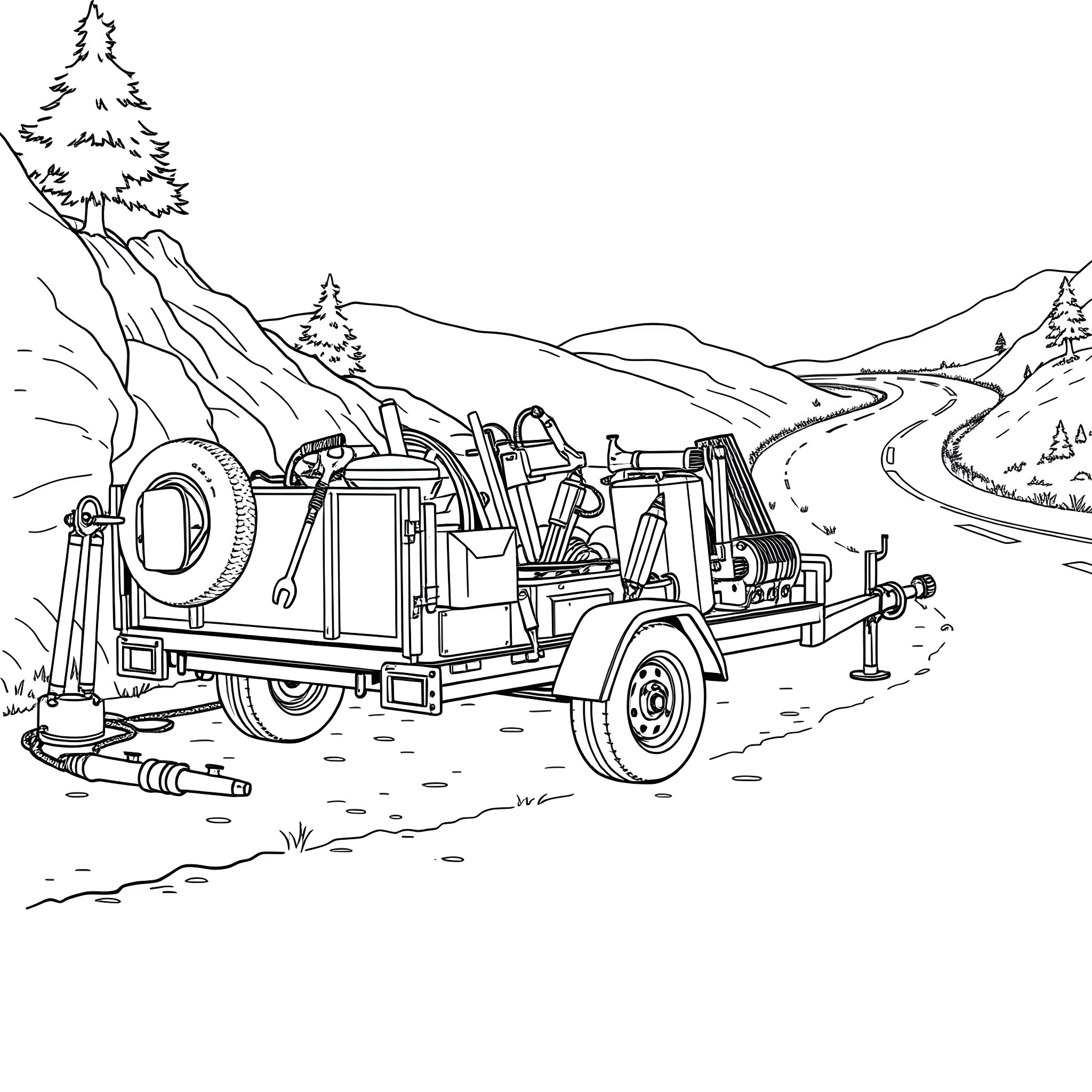 Car Trailer Loaded with Tools and Equipment Coloring Page (free black-and-white line drawing printable PDF for all, from beginners to advanced learners, including children, teens, adults, and seniors)
