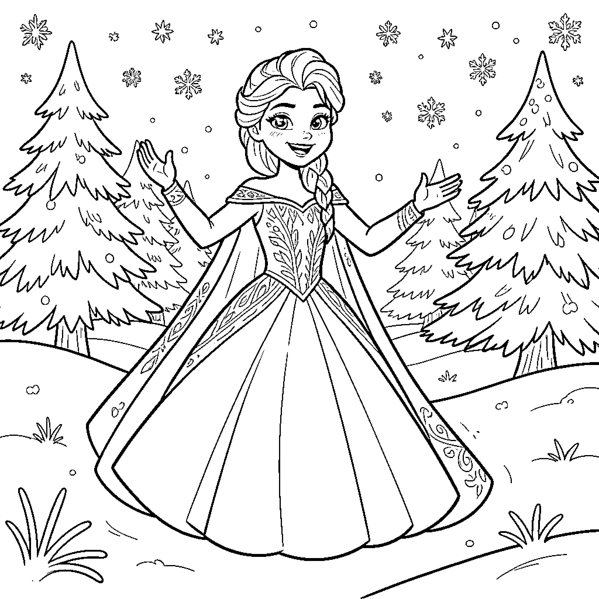 Elsa smiling gracefully in a snowy forest landscape Coloring Page (free black-and-white line drawing printable PDF for all, from beginners to advanced learners, including children, teens, adults, and seniors)