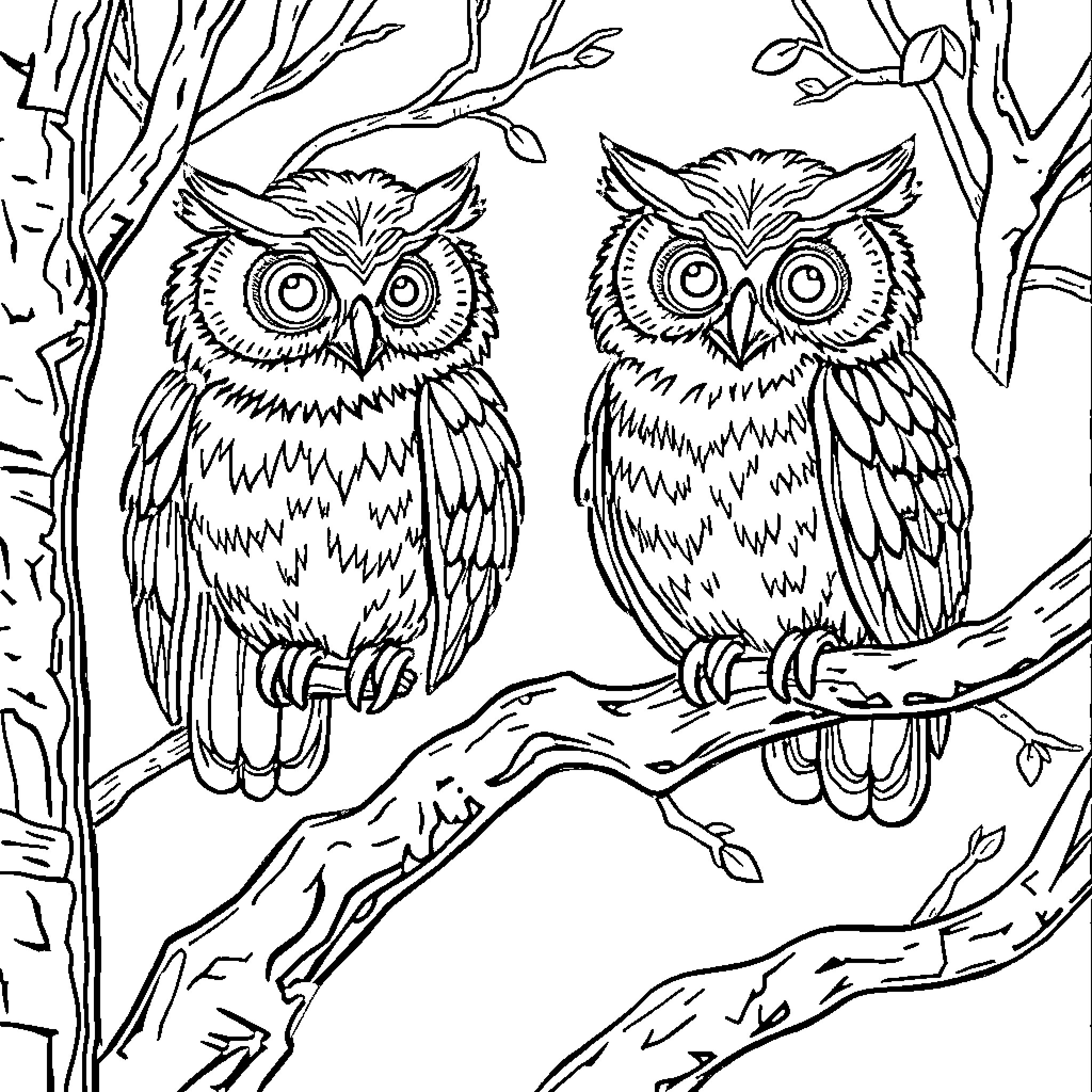 Owl pair perched on tree branch Coloring Page (free black-and-white line drawing printable PDF for all, from beginners to advanced learners, including children, teens, adults, and seniors)