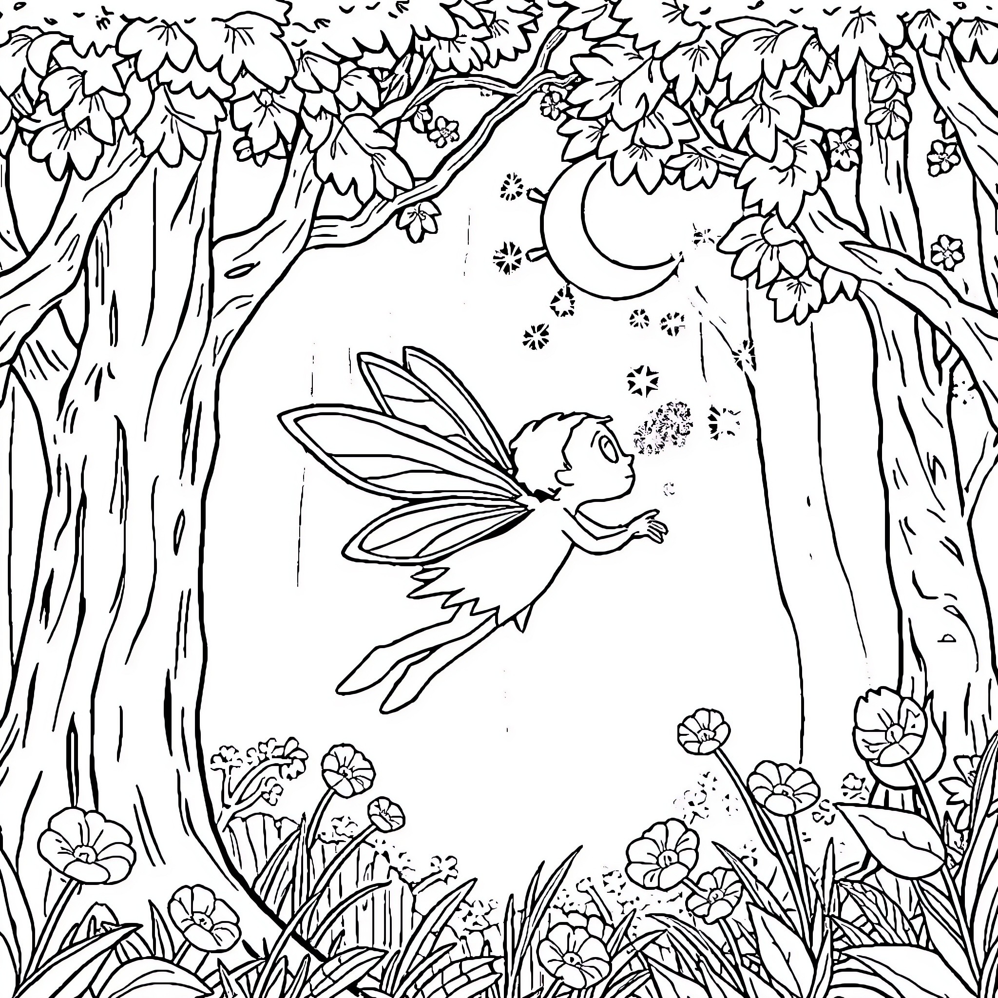 Feen spiel in der zauberwald Coloring Page (free black-and-white line drawing printable PDF for all, from beginners to advanced learners, including children, teens, adults, and seniors)