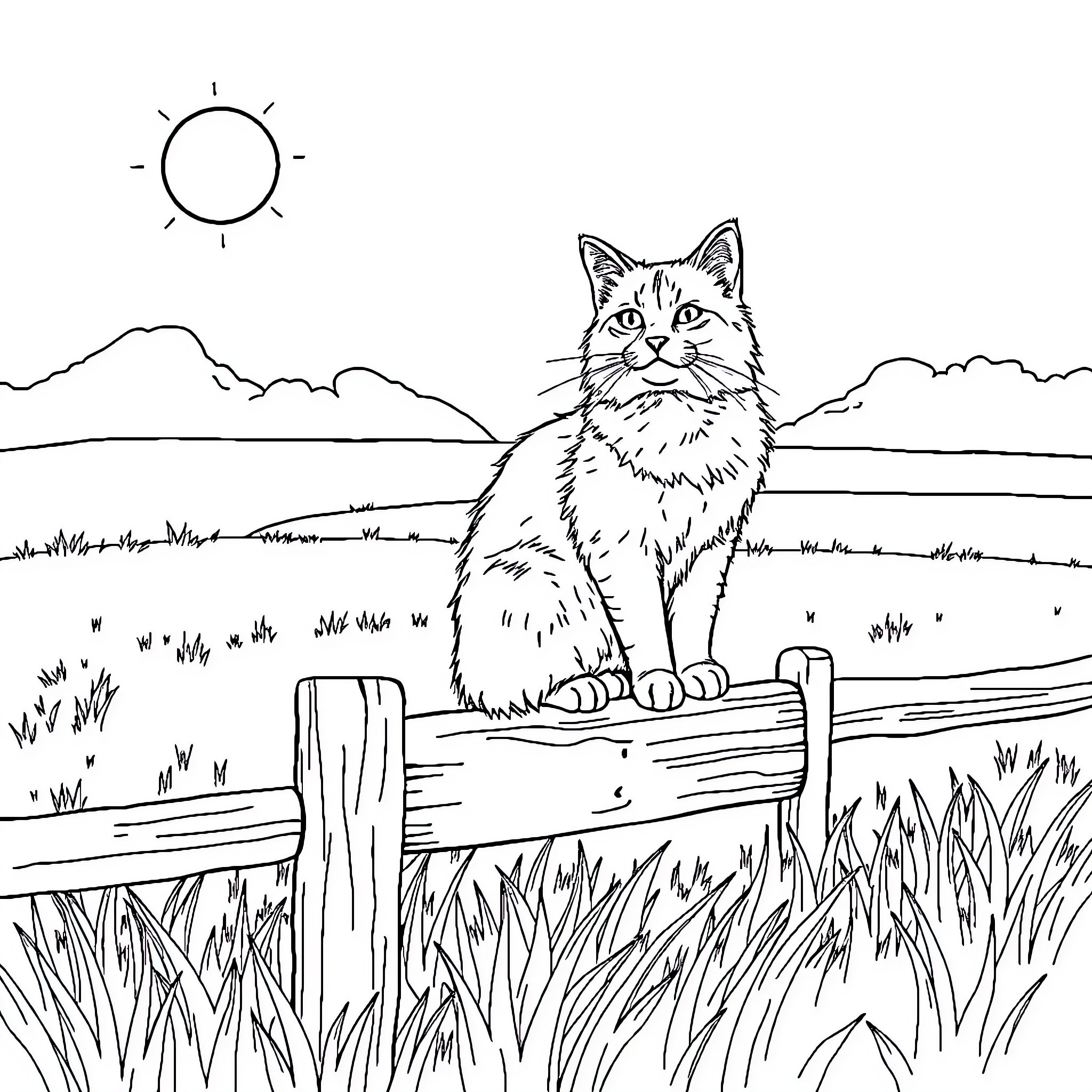 Cat sitting peacefully on a rustic fence Coloring Page (free black-and-white line drawing printable PDF for all, from beginners to advanced learners, including children, teens, adults, and seniors)