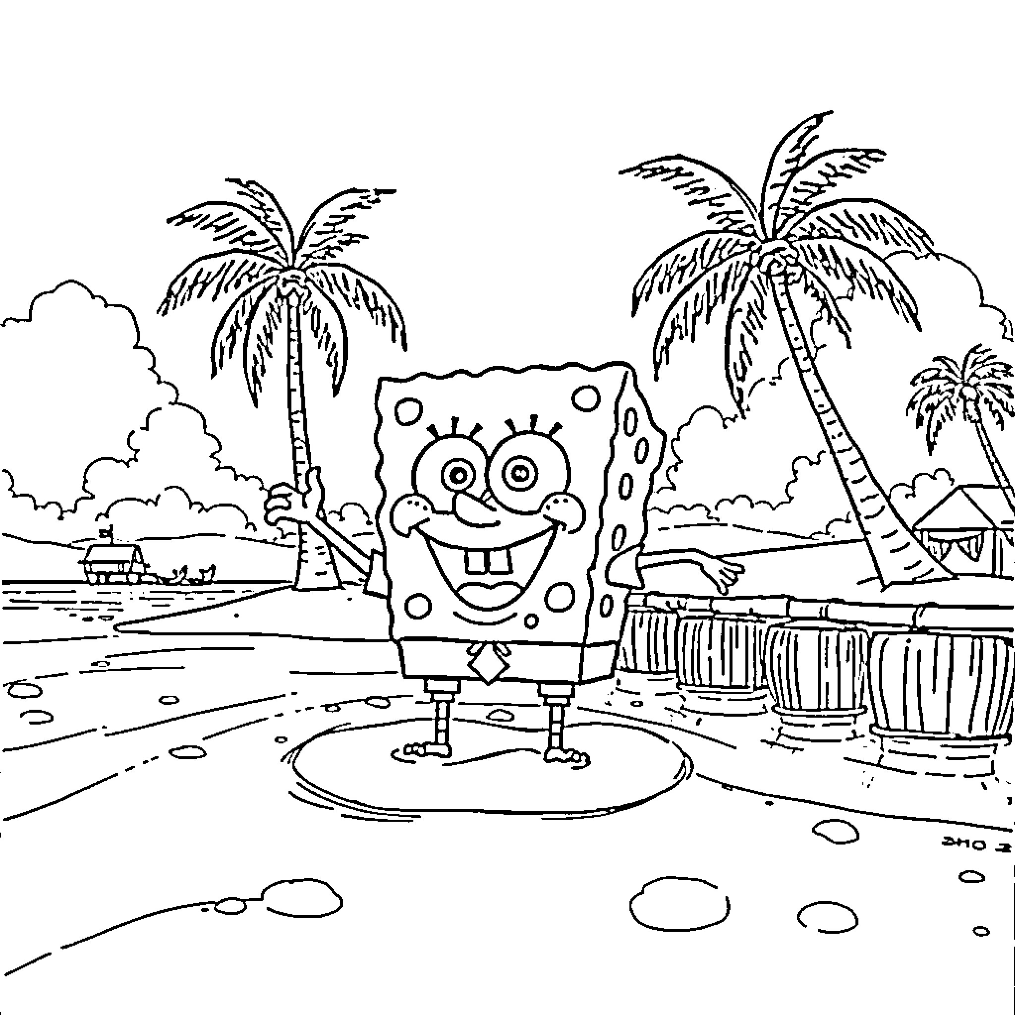 Spongebob enjoying a tropical paradise Coloring Page (free black-and-white line drawing printable PDF for all, from beginners to advanced learners, including children, teens, adults, and seniors)