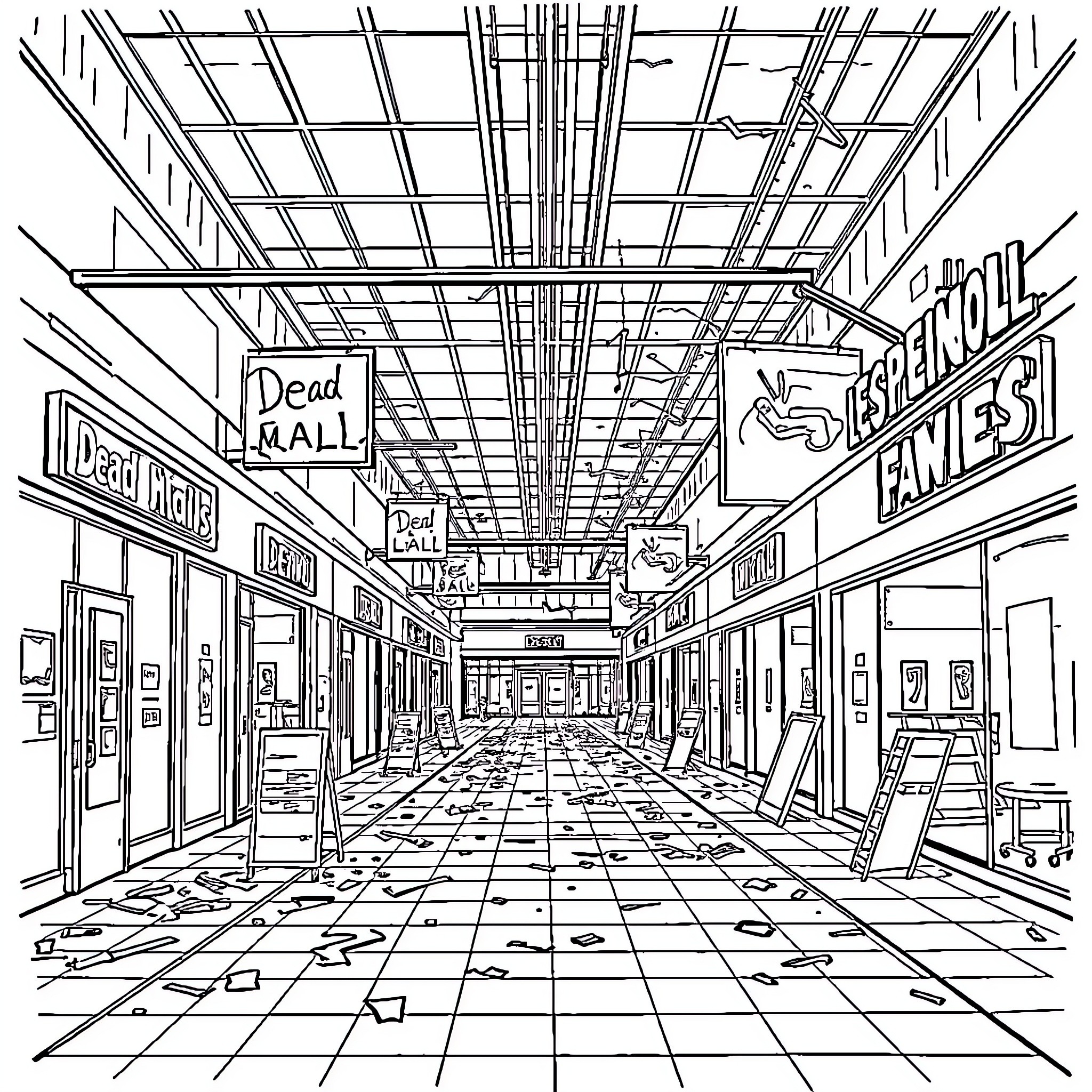 Mall interior with diverse shops and signage Coloring Page (free black-and-white line drawing printable PDF for all, from beginners to advanced learners, including children, teens, adults, and seniors)