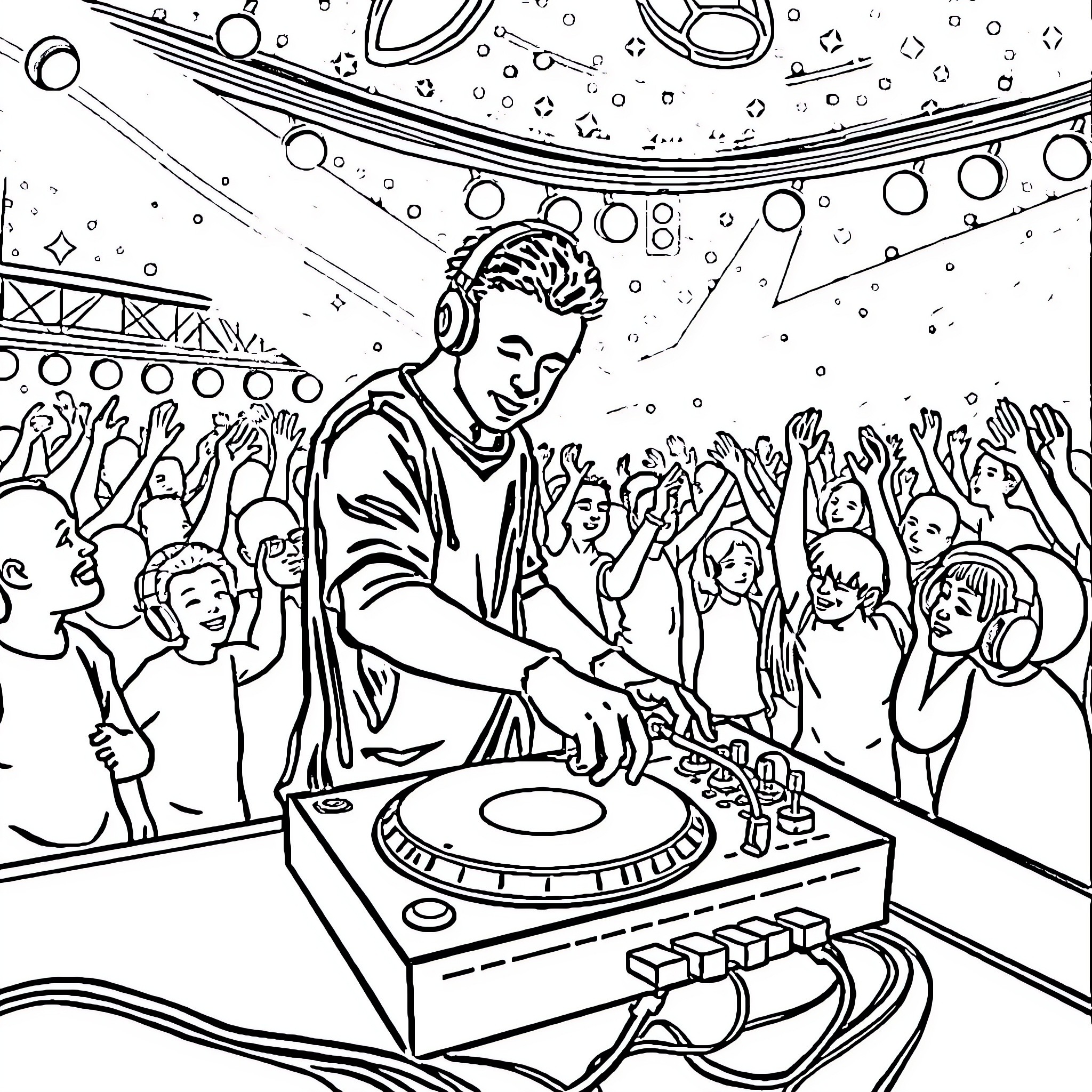DJ Spinning Tunes for Excited Crowd Coloring Page (free black-and-white line drawing printable PDF for all, from beginners to advanced learners, including children, teens, adults, and seniors)
