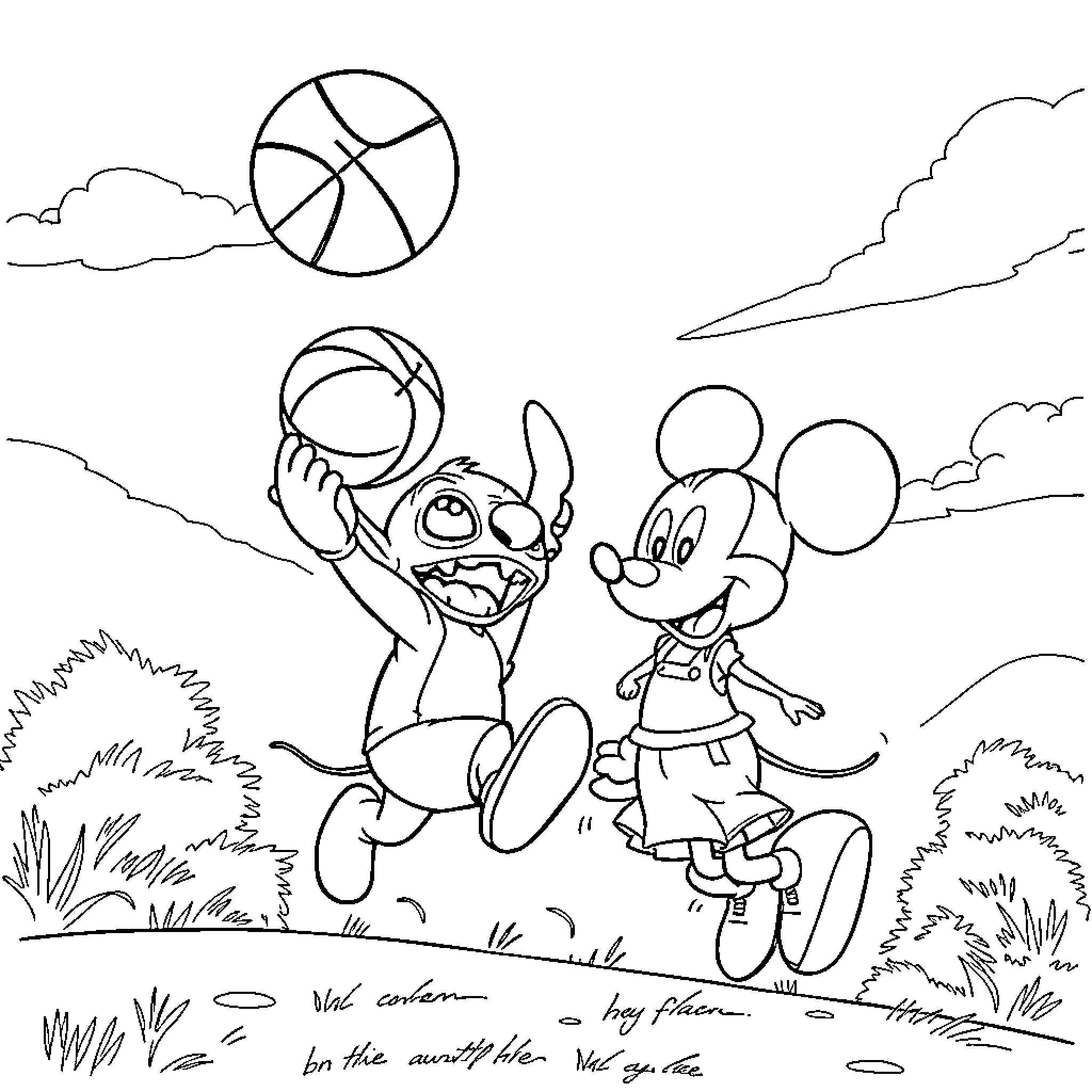 Stitch and Mickey playing together outdoors Coloring Page (free black-and-white line drawing printable PDF for all, from beginners to advanced learners, including children, teens, adults, and seniors)