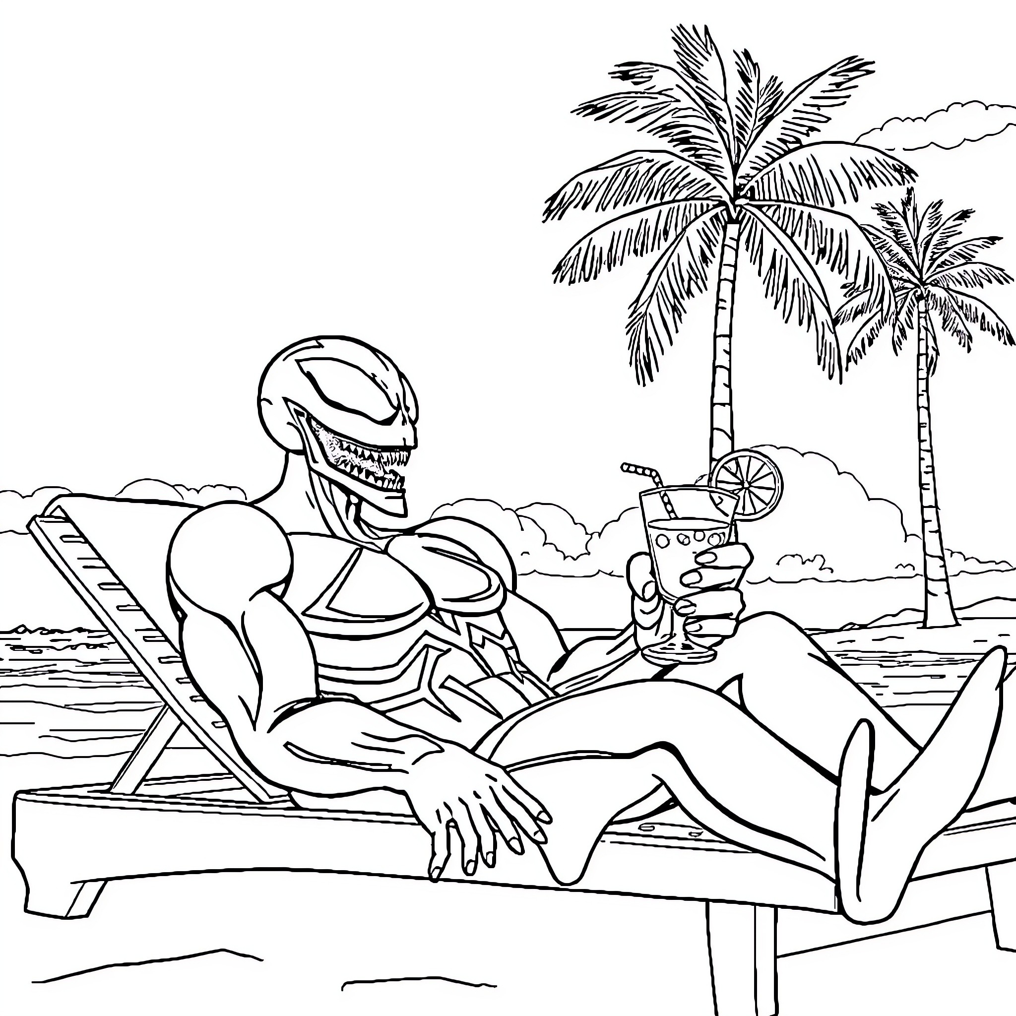 Venom relaxing on the beach with tropical scenery Coloring Page (free black-and-white line drawing printable PDF for all, from beginners to advanced learners, including children, teens, adults, and seniors)