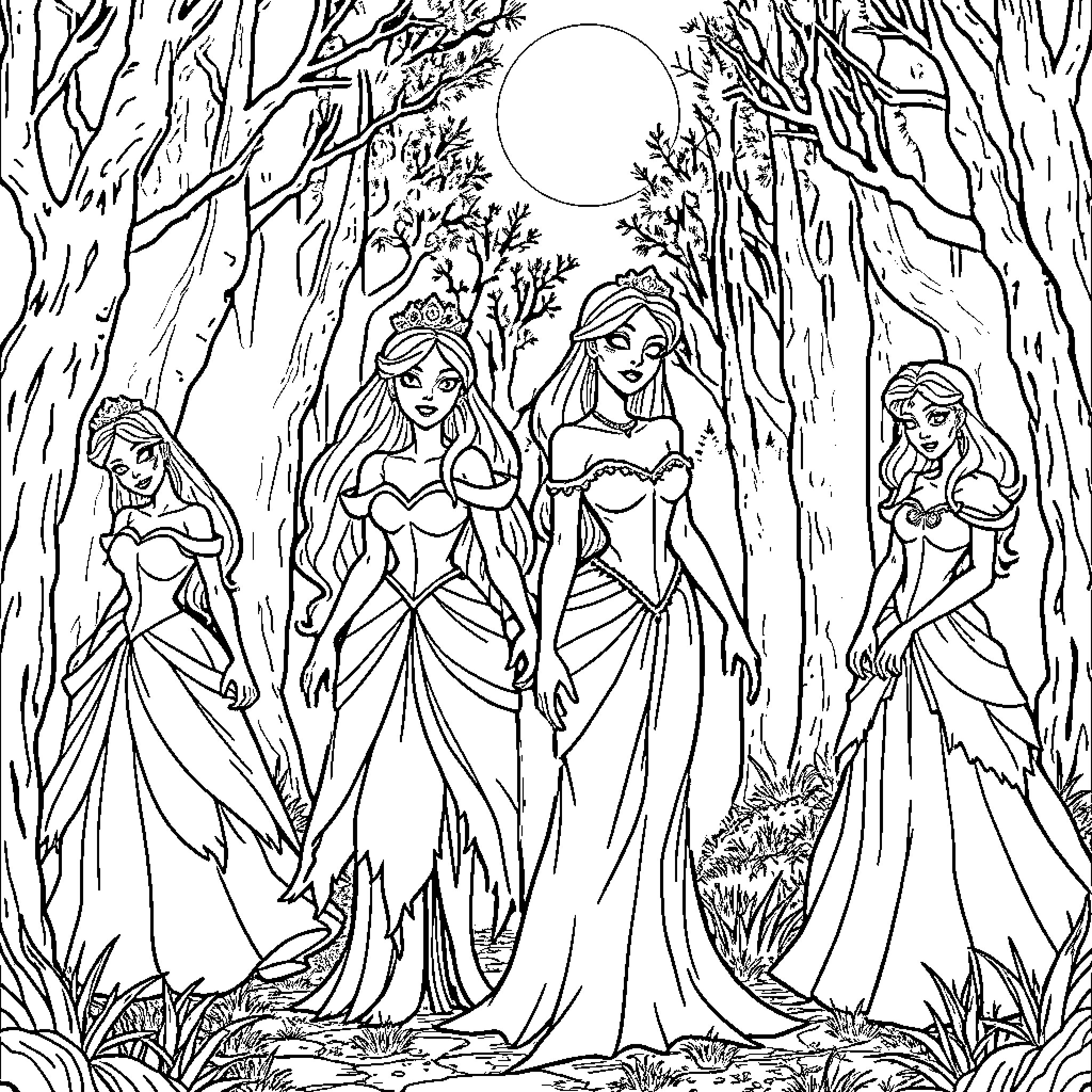 Princess Gathering in the Enchanted Forest Coloring Page (free black-and-white line drawing printable PDF for all, from beginners to advanced learners, including children, teens, adults, and seniors)