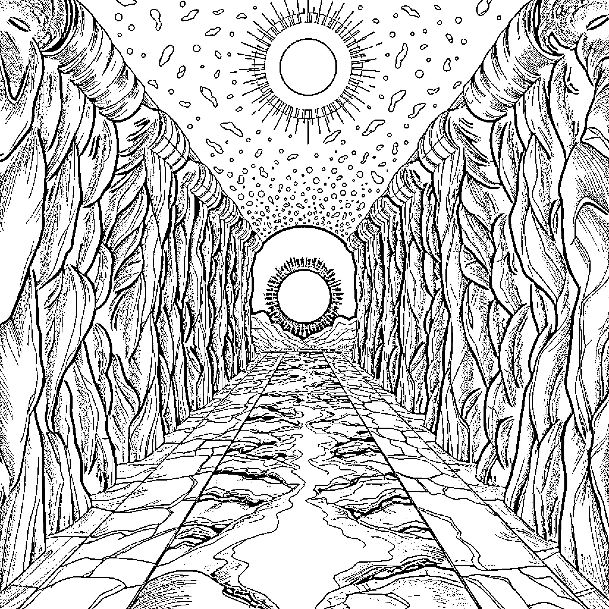 Portal to a Mystical Landscape Coloring Page (free black-and-white line drawing printable PDF for all, from beginners to advanced learners, including children, teens, adults, and seniors)
