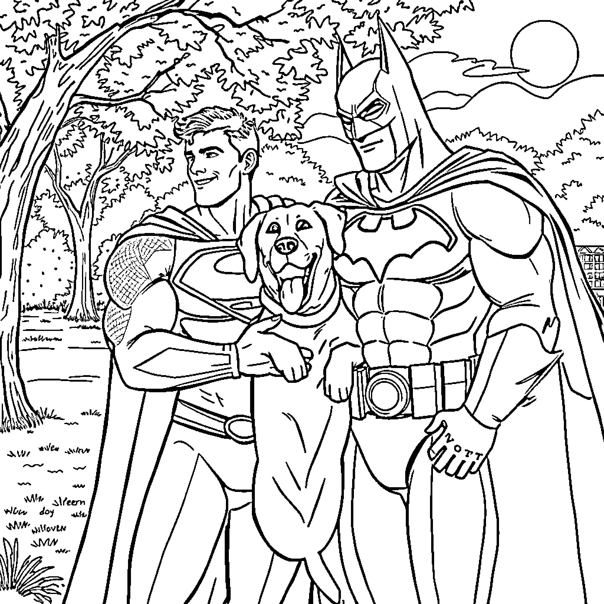 Superman and Batman Heroic Duo in Nature Coloring Page (free black-and-white line drawing printable PDF for all, from beginners to advanced learners, including children, teens, adults, and seniors)