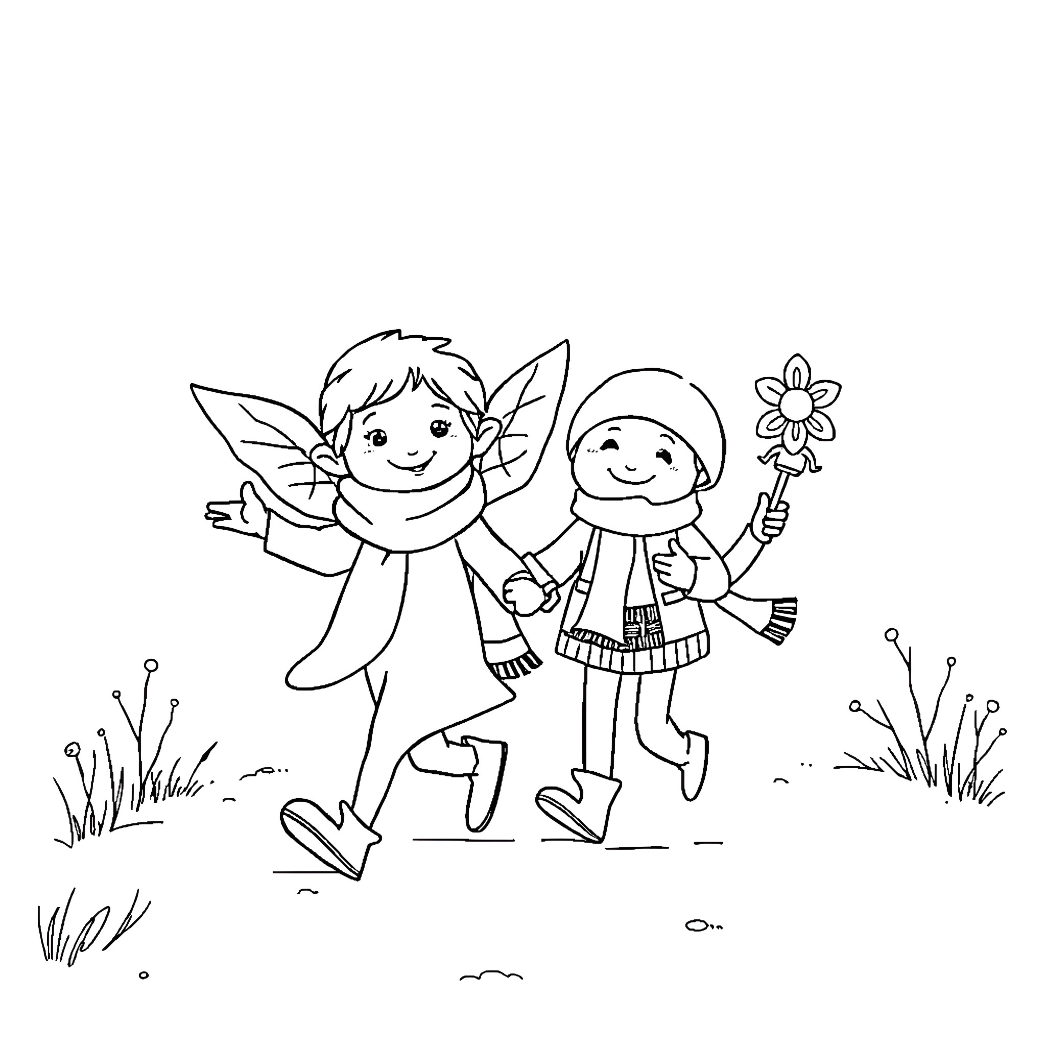 Spirit of Friendship and Joy in Nature Coloring Page (free black-and-white line drawing printable PDF for all, from beginners to advanced learners, including children, teens, adults, and seniors)