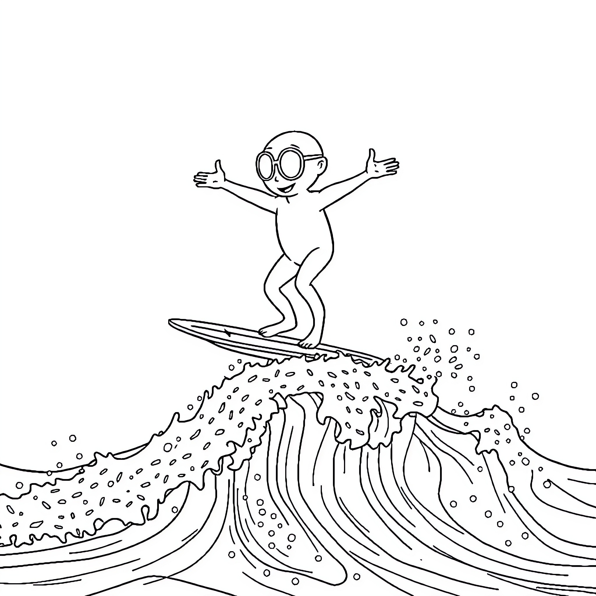 Bluey surfing on the waves Coloring Page (free black-and-white line drawing printable PDF for all, from beginners to advanced learners, including children, teens, adults, and seniors)