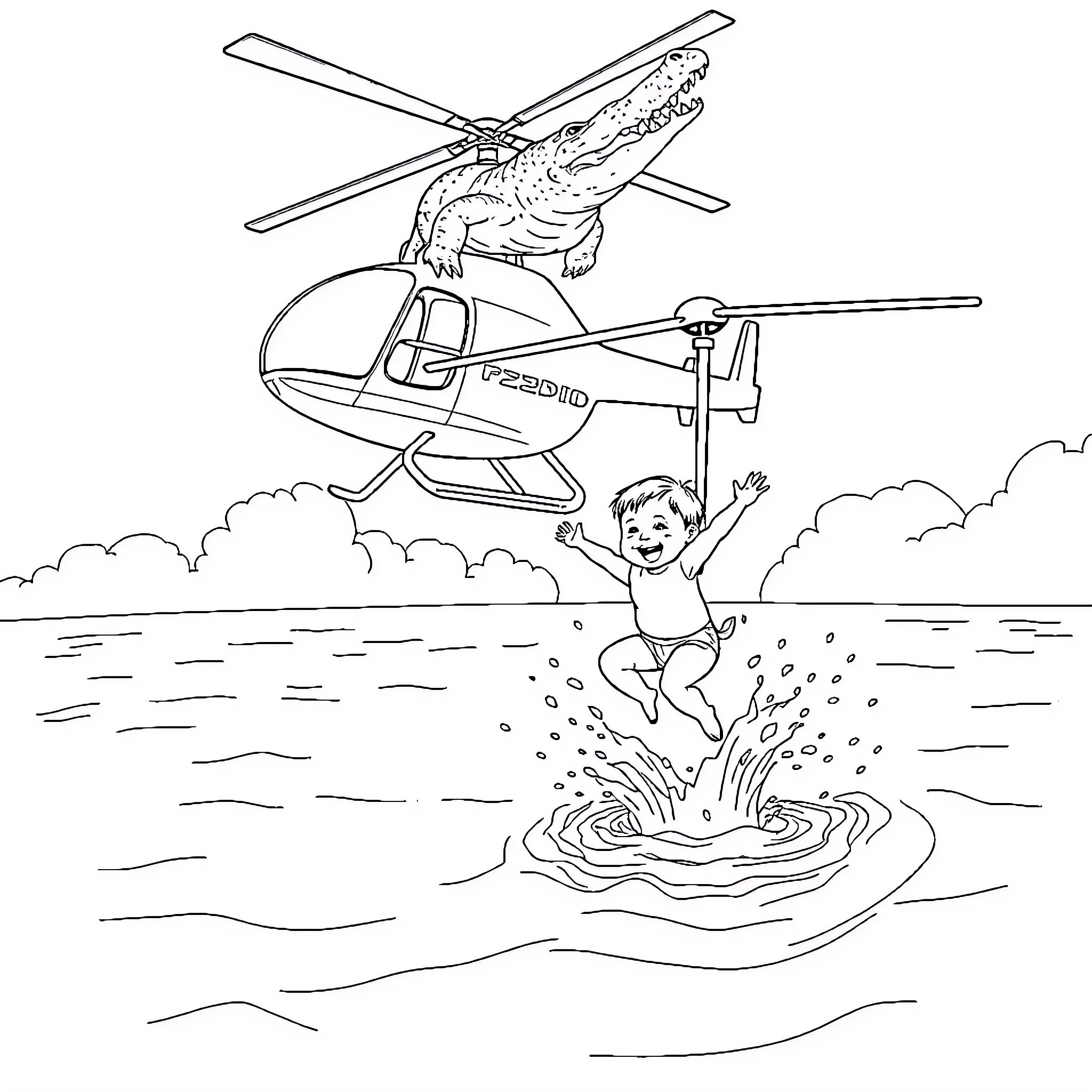 Baby enjoying a helicopter ride over the water Coloring Page (free black-and-white line drawing printable PDF for all, from beginners to advanced learners, including children, teens, adults, and seniors)