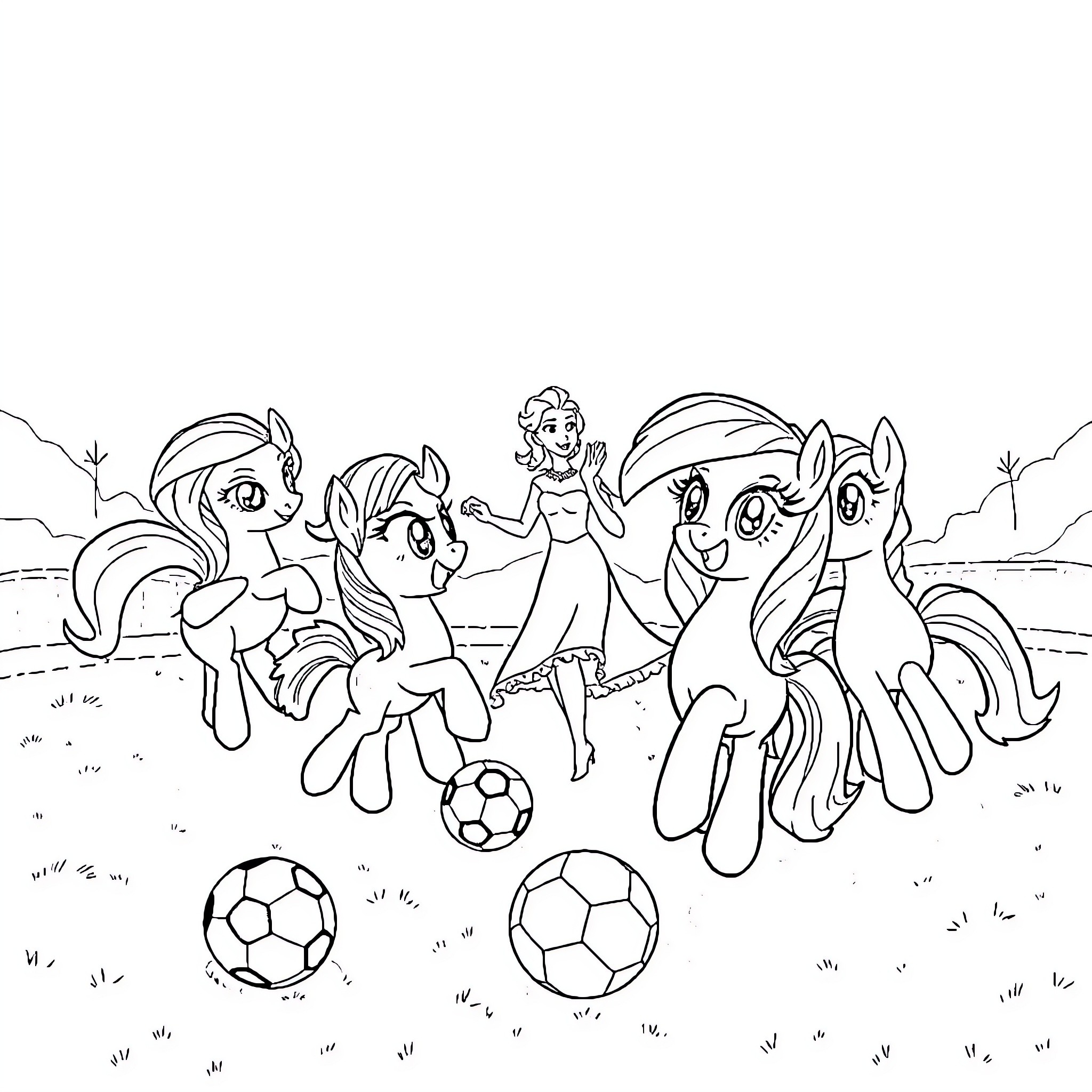 Pony friends playing with soccer balls in the park Coloring Page (free black-and-white line drawing printable PDF for all, from beginners to advanced learners, including children, teens, adults, and seniors)