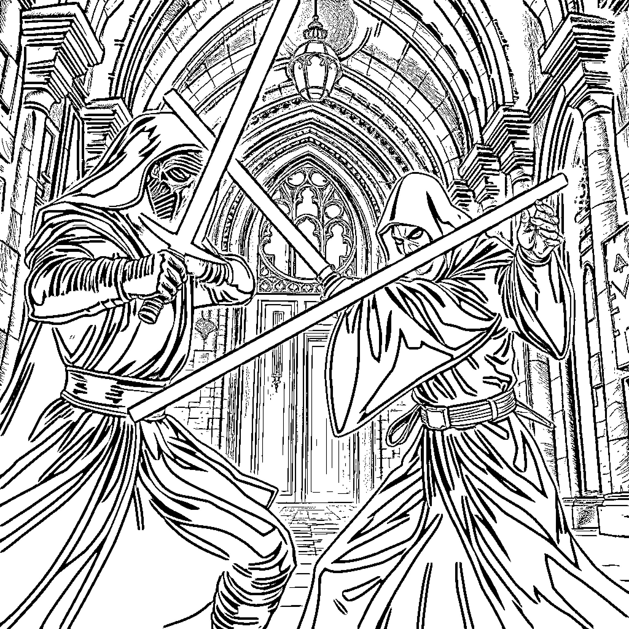 Kylo Ren Confronts Mysterious Figures in Ornate Chamber Coloring Page (free black-and-white line drawing printable PDF for all, from beginners to advanced learners, including children, teens, adults, and seniors)