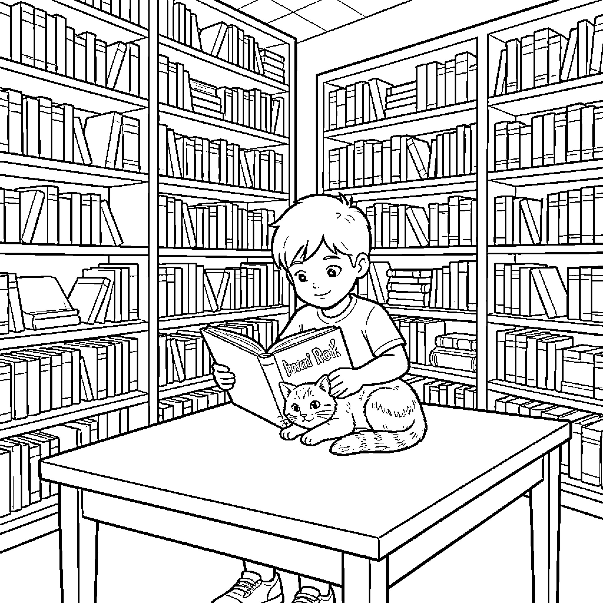 Child reading book with pet cat in library Coloring Page (free black-and-white line drawing printable PDF for all, from beginners to advanced learners, including children, teens, adults, and seniors)
