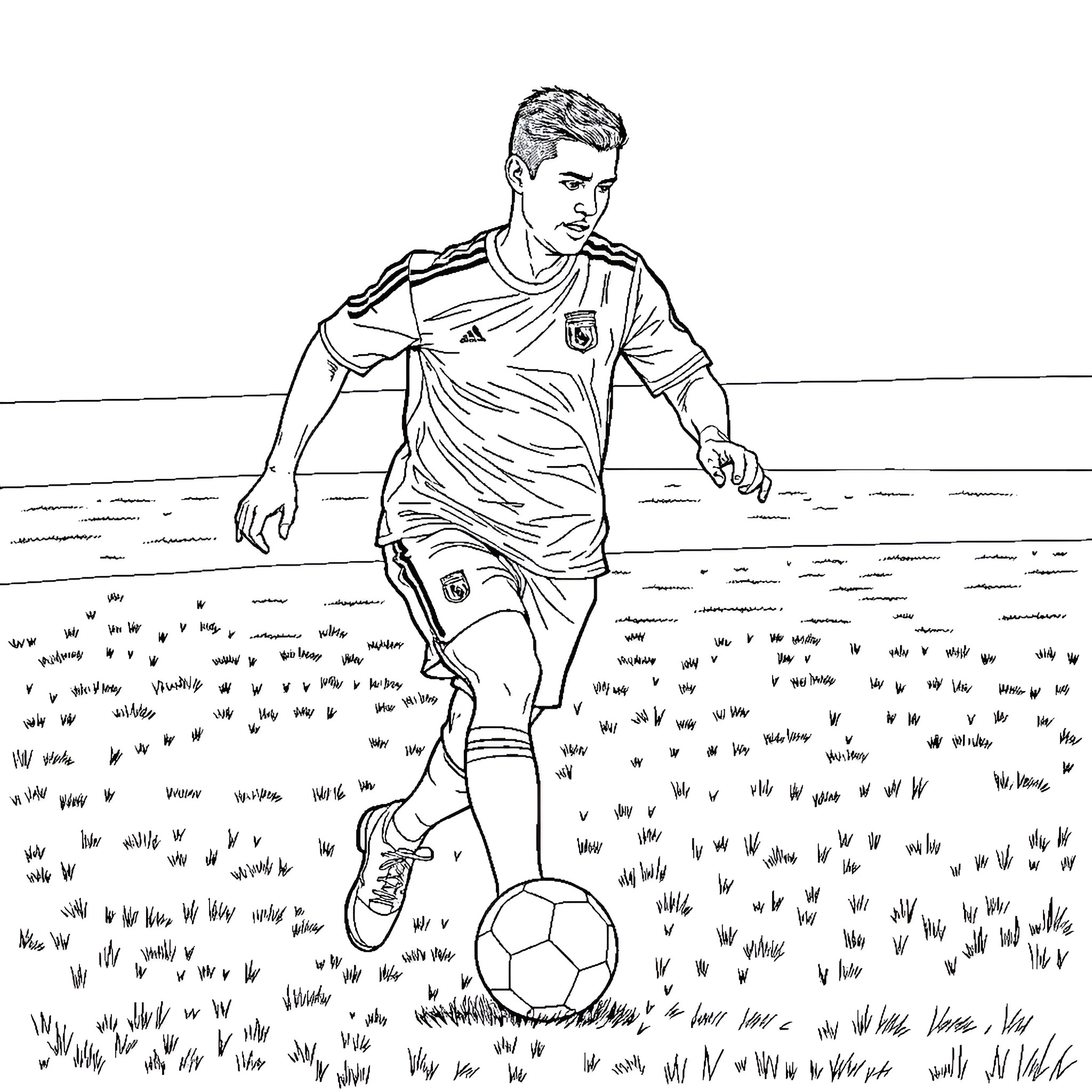 Ronaldo playing soccer in the field Coloring Page (free black-and-white line drawing printable PDF for all, from beginners to advanced learners, including children, teens, adults, and seniors)
