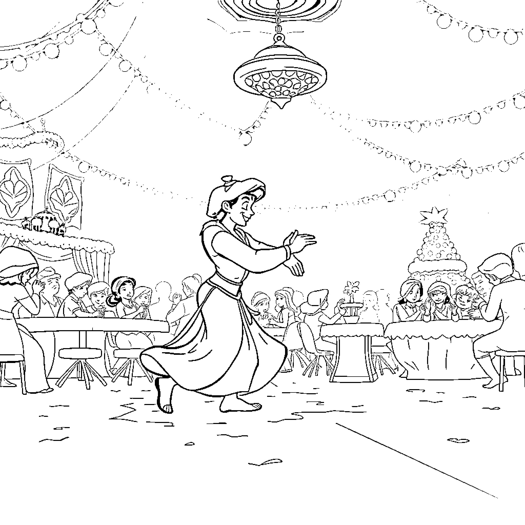 Aladdin's Joyous Dance at the Palace Celebration Coloring Page (free black-and-white line drawing printable PDF for all, from beginners to advanced learners, including children, teens, adults, and seniors)