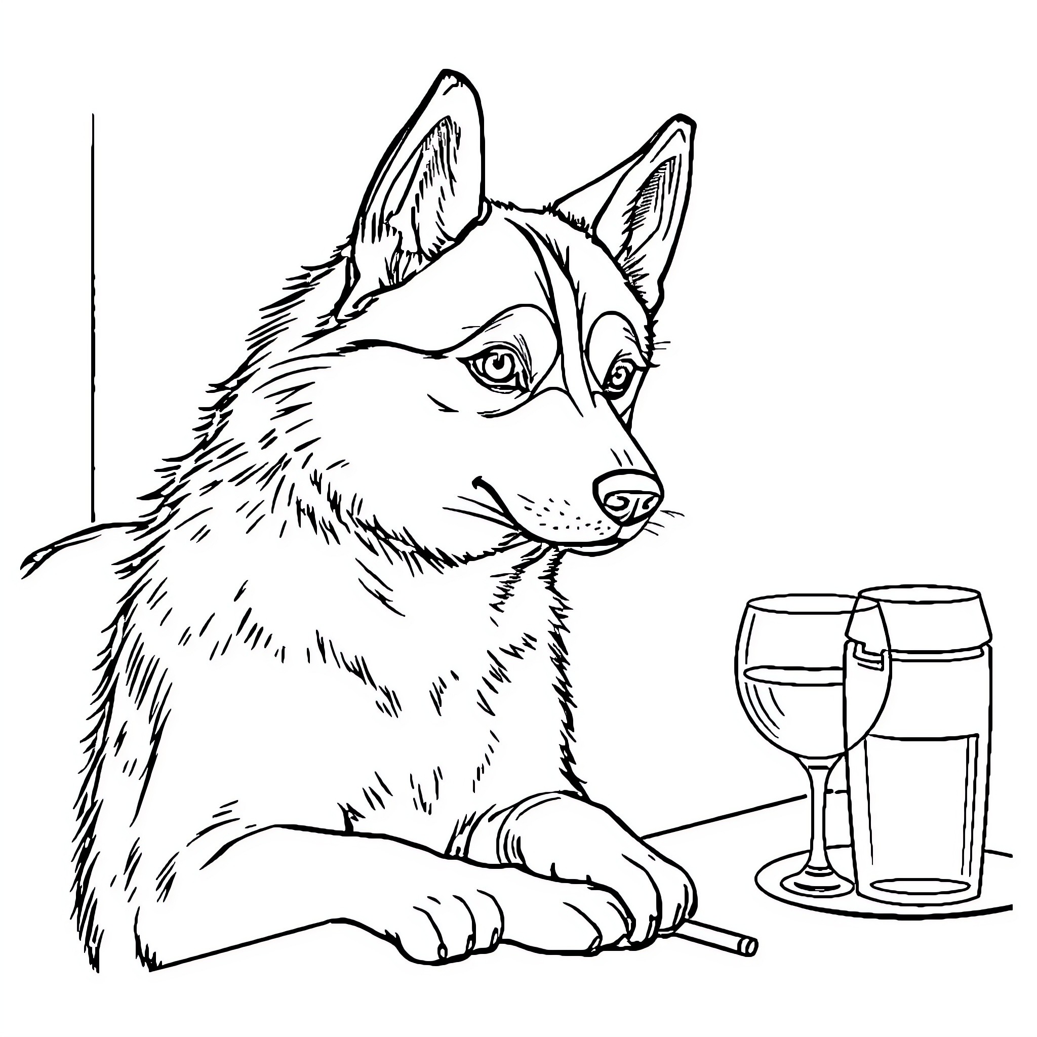 Husky relaxing with drinks Coloring Page (free black-and-white line drawing printable PDF for all, from beginners to advanced learners, including children, teens, adults, and seniors)