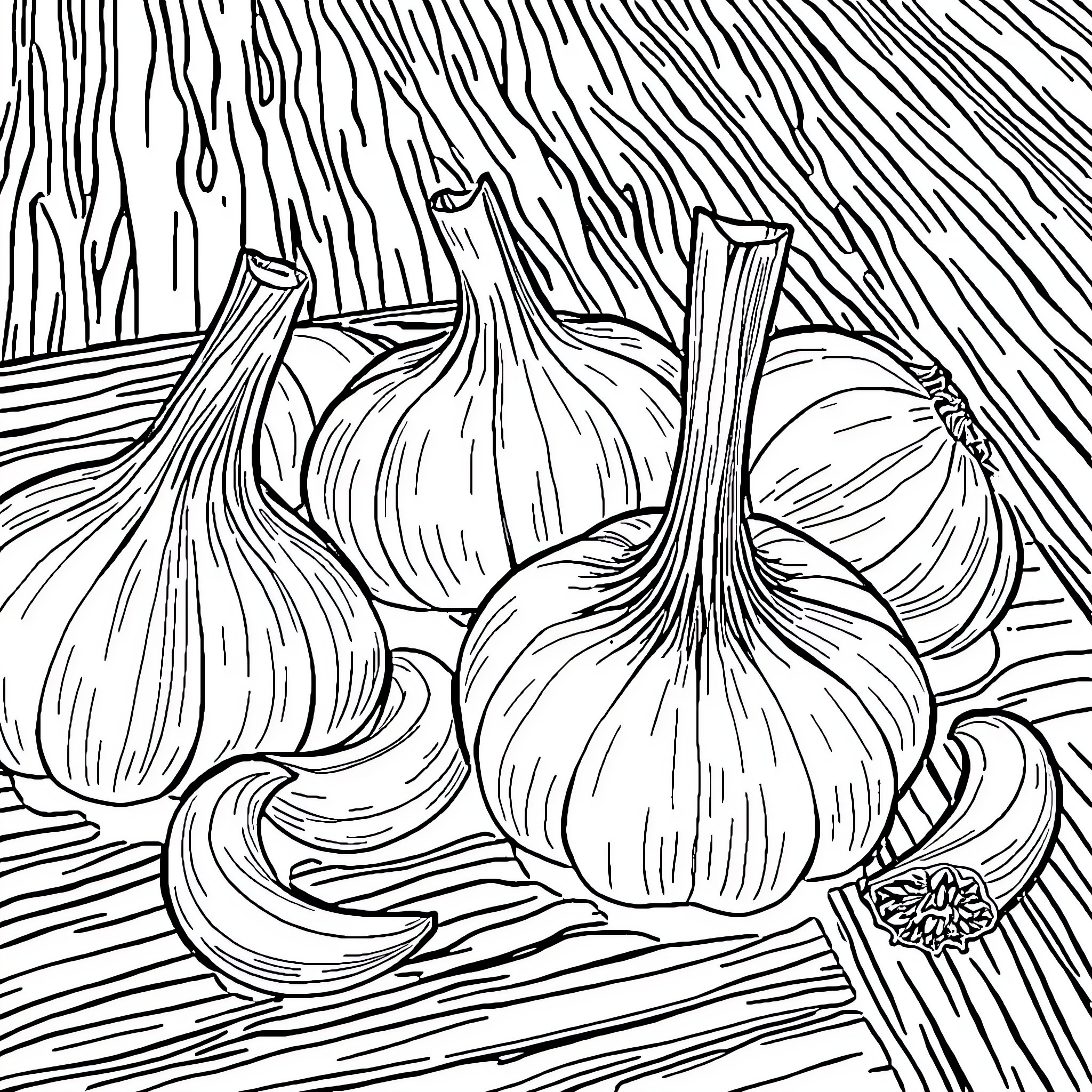 Garlic bulbs on a wooden surface Coloring Page (free black-and-white line drawing printable PDF for all, from beginners to advanced learners, including children, teens, adults, and seniors)